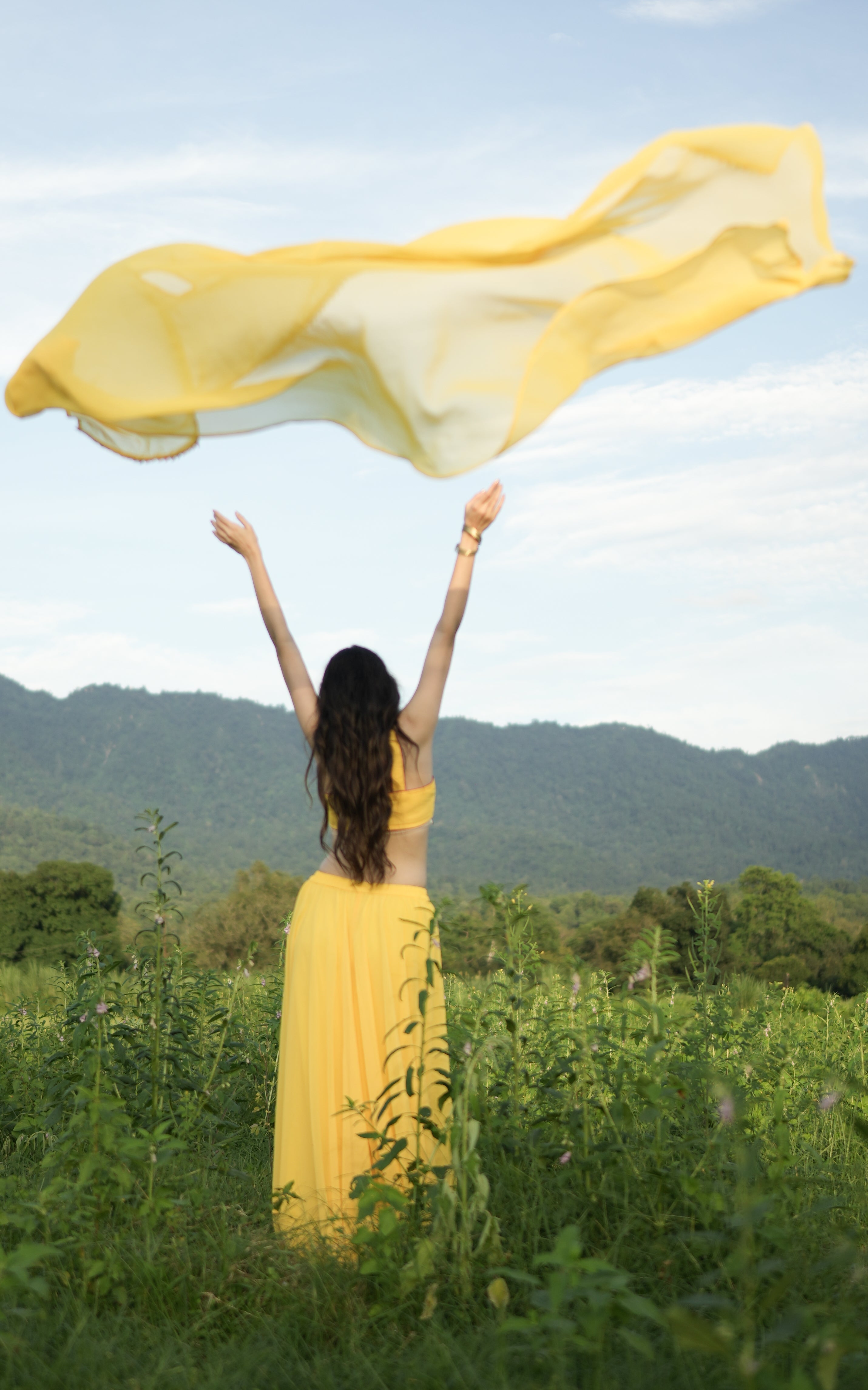 Yellow Embroidered Crop Top Sharara and Cape Set