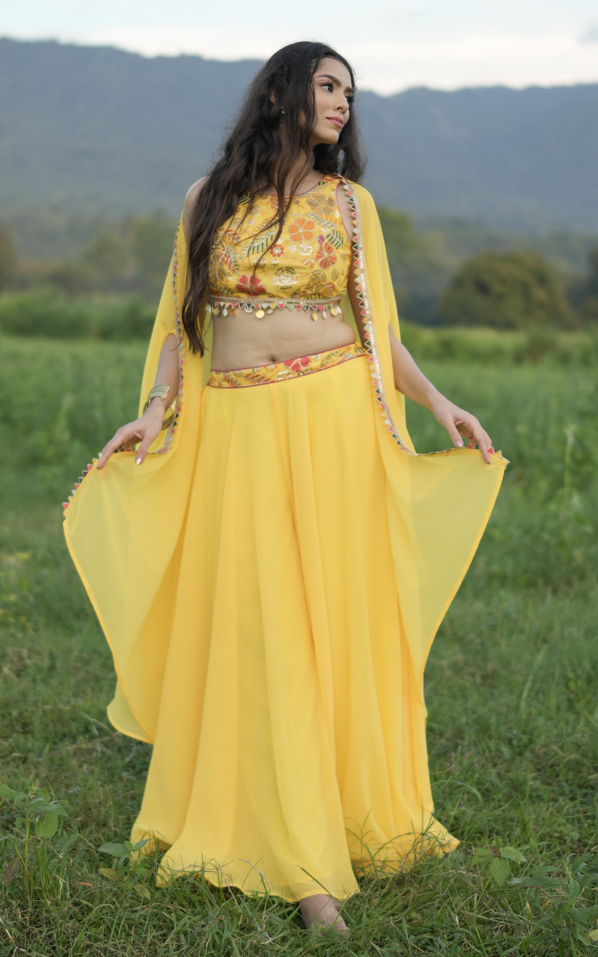 Yellow Embroidered Crop Top Sharara and Cape Set