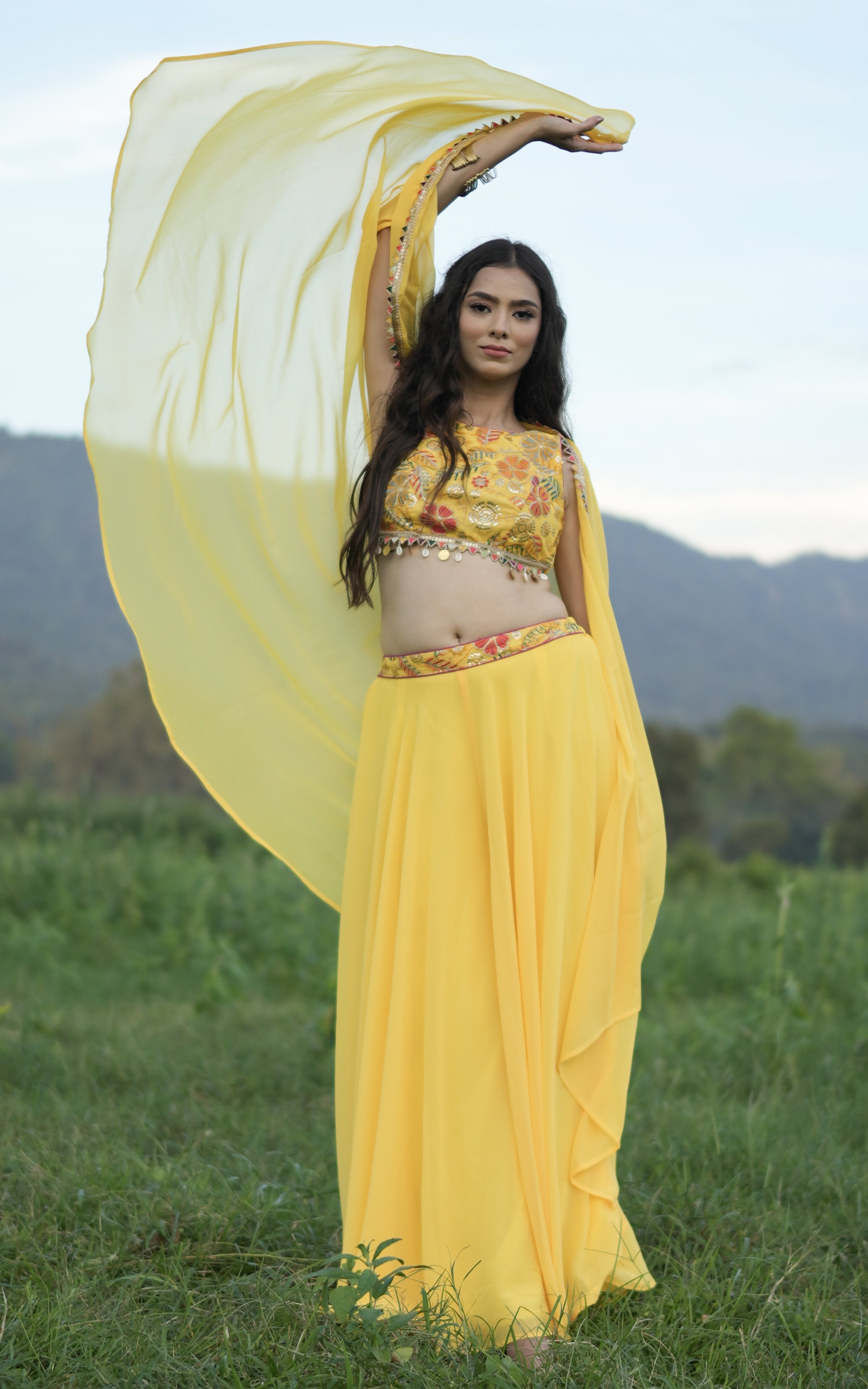 Yellow Embroidered Crop Top Sharara and Cape Set