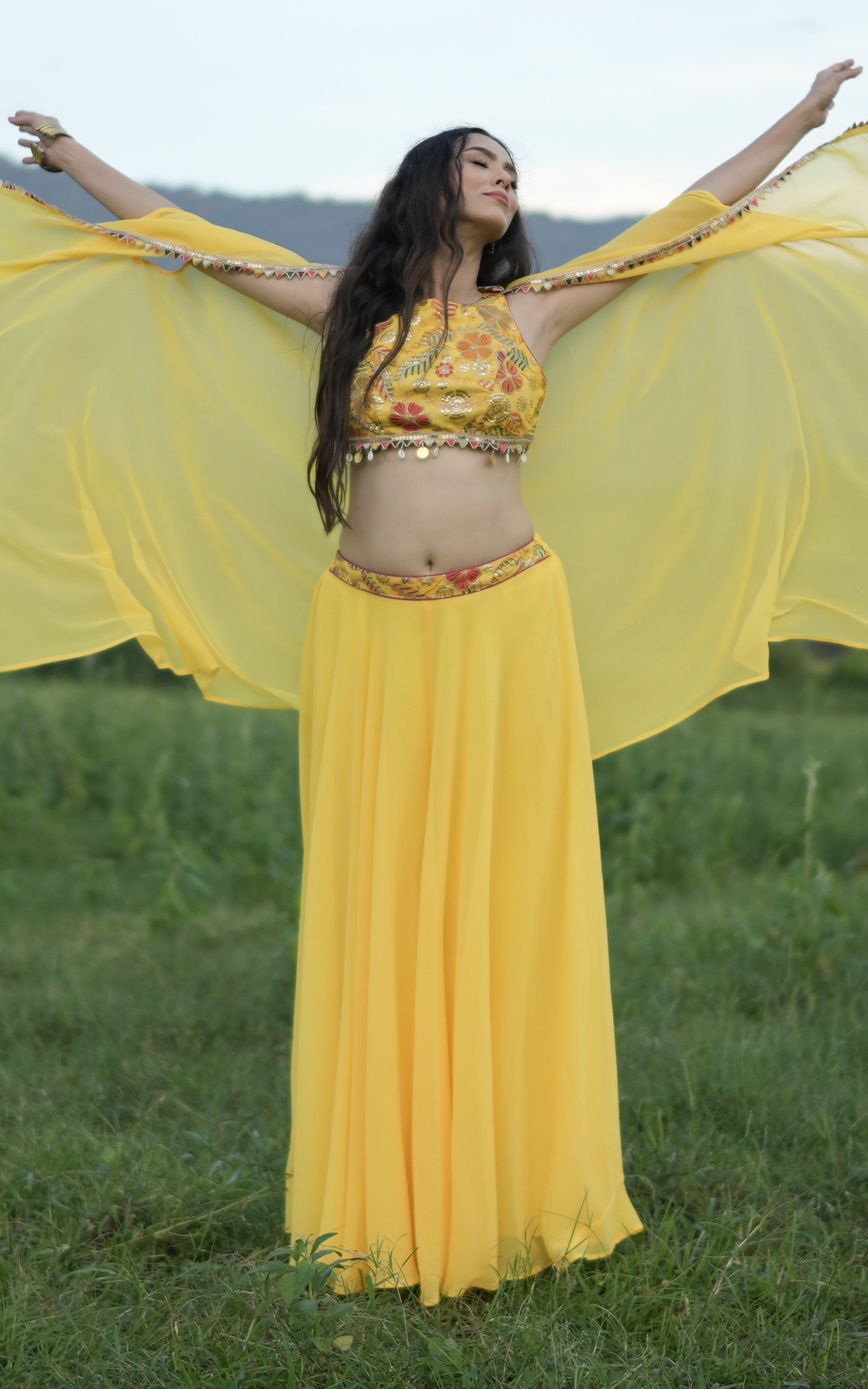 Yellow Embroidered Crop Top Sharara and Cape Set