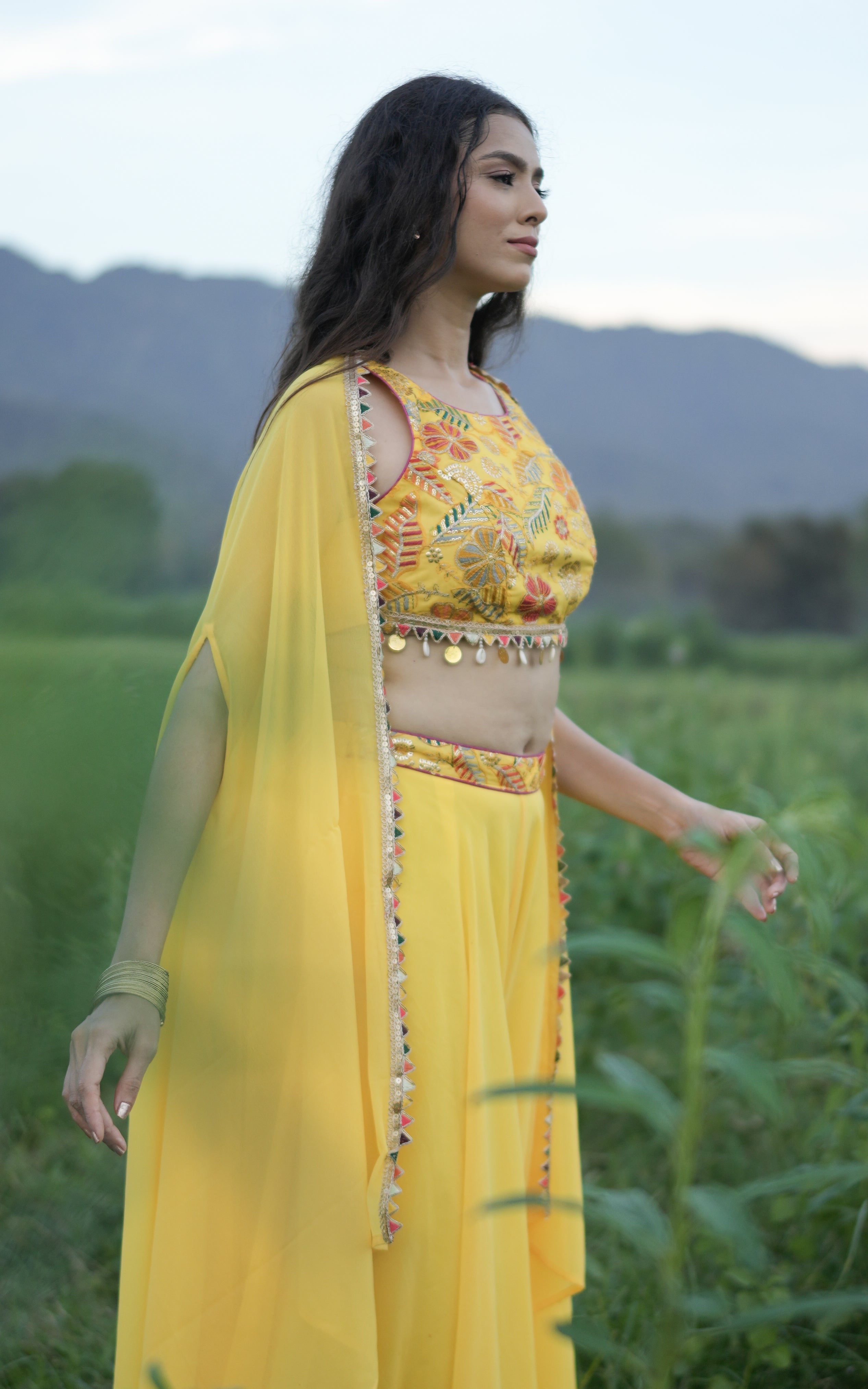 Yellow Embroidered Crop Top Sharara and Cape Set