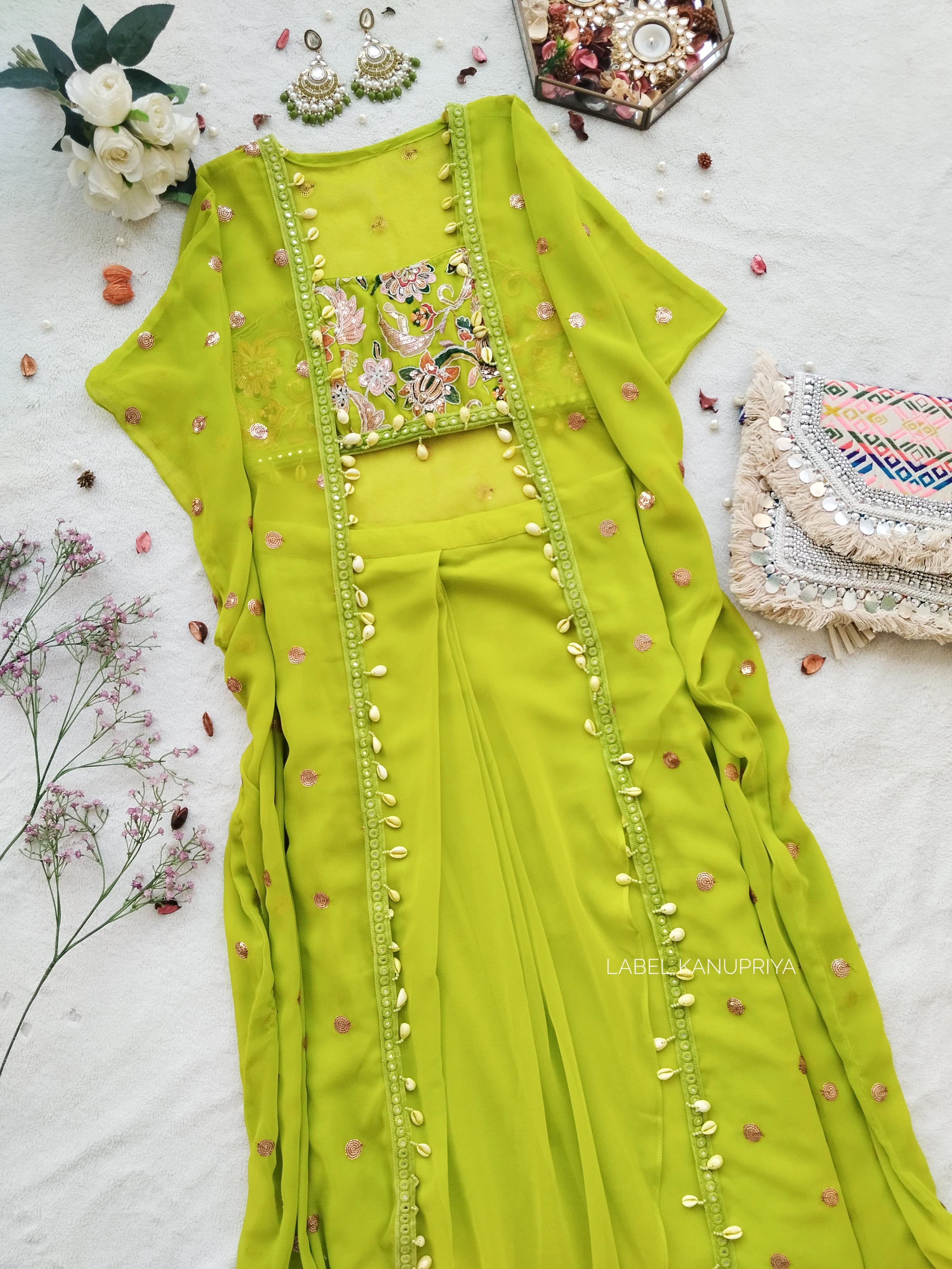 Parrot Green Embroidered Crop top and Draped Skirt Co-ord Set