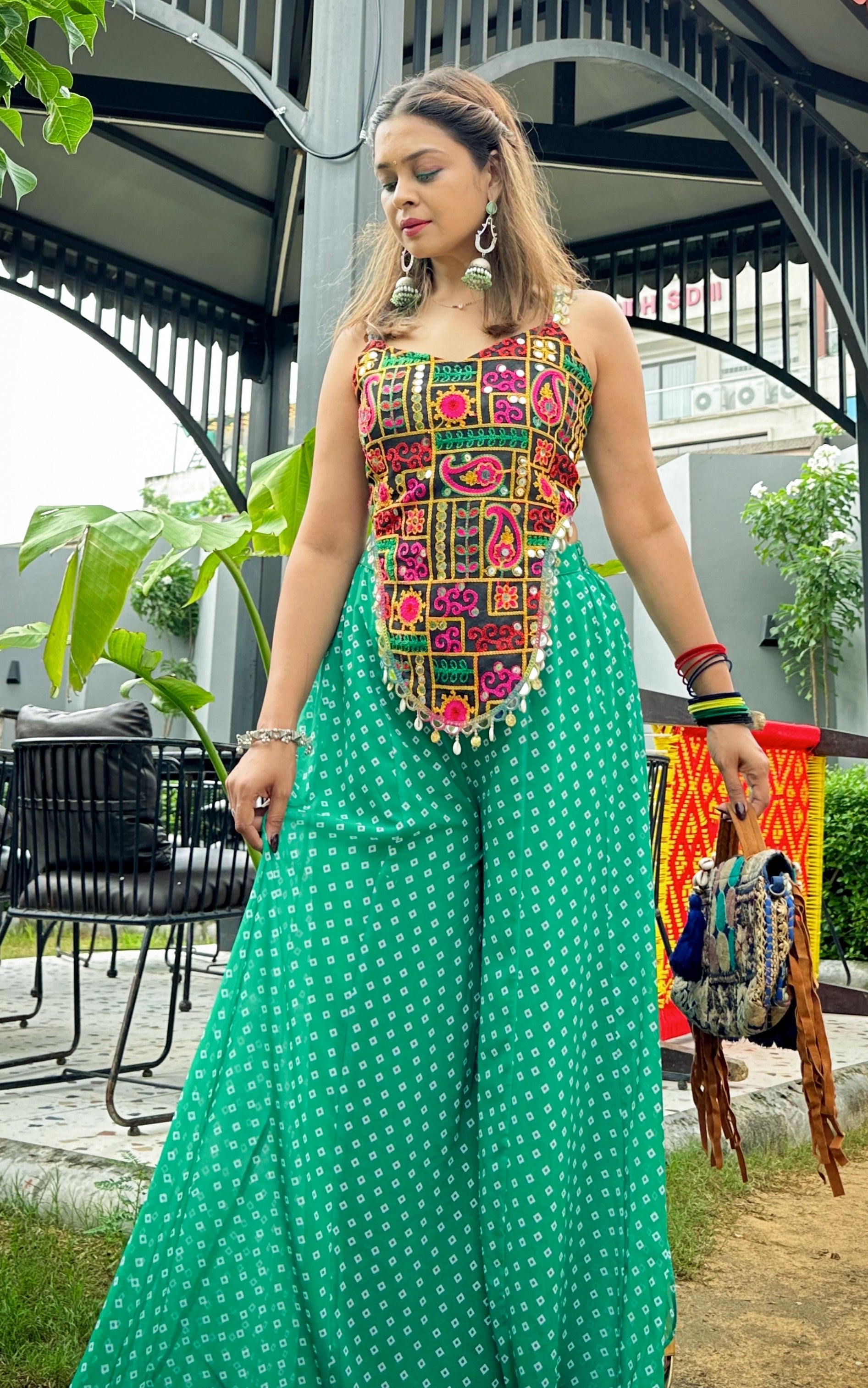Multicolor Mirrorwork Top With Green Bandhej Sharara