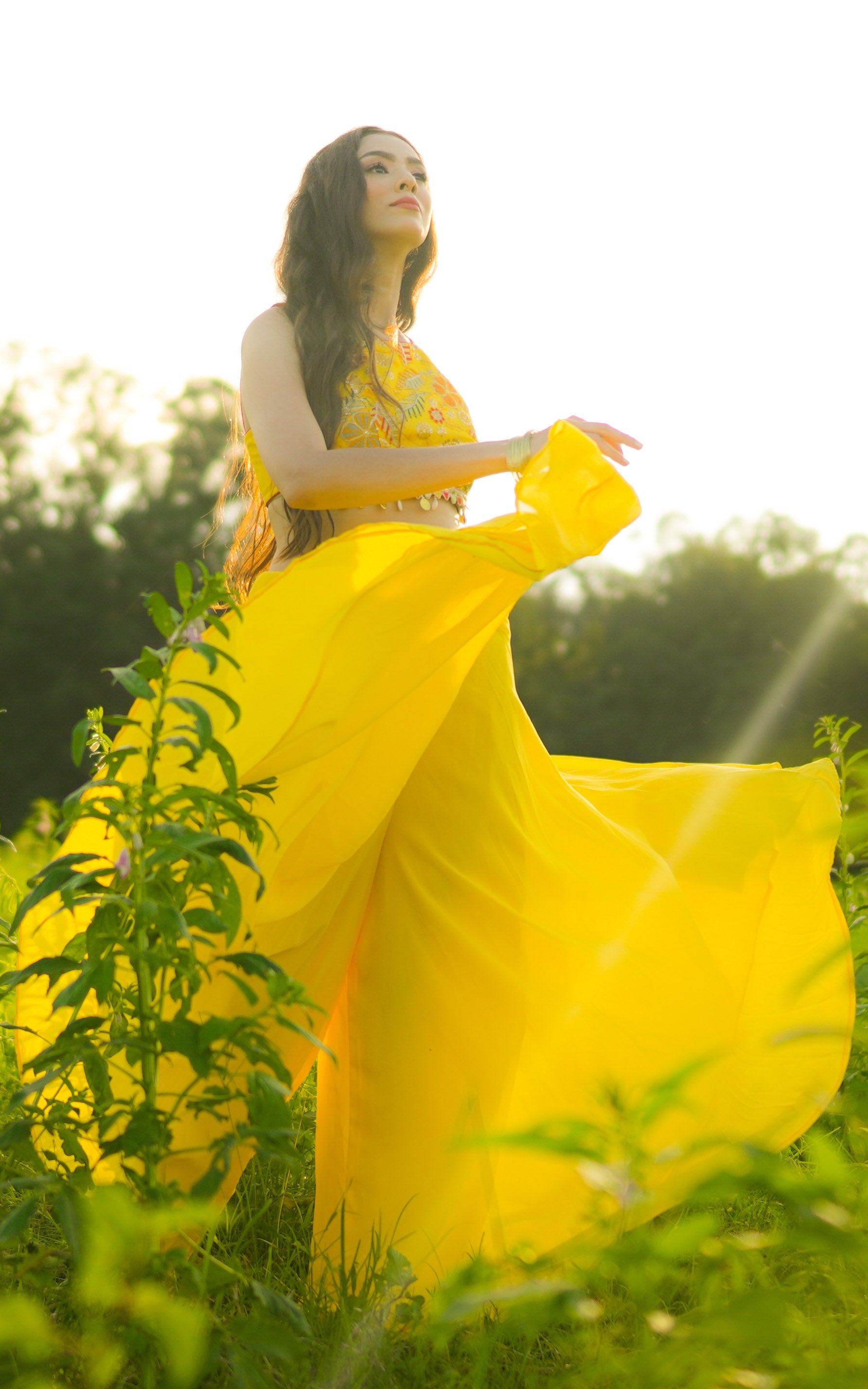Yellow Embroidered Crop Top Sharara and Cape Set