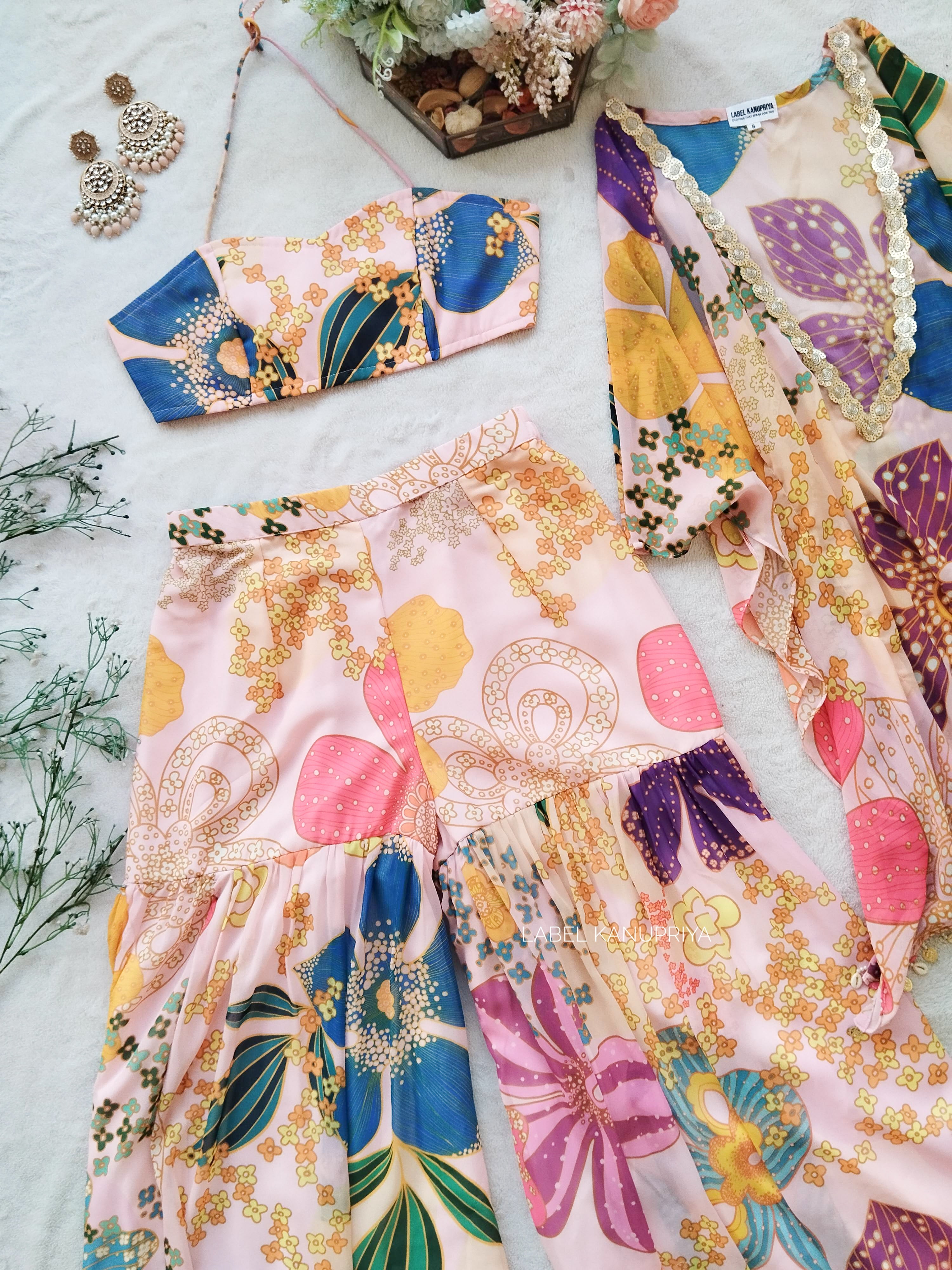 Pink Floral Printed Crop Top Sharara Kaftan Set