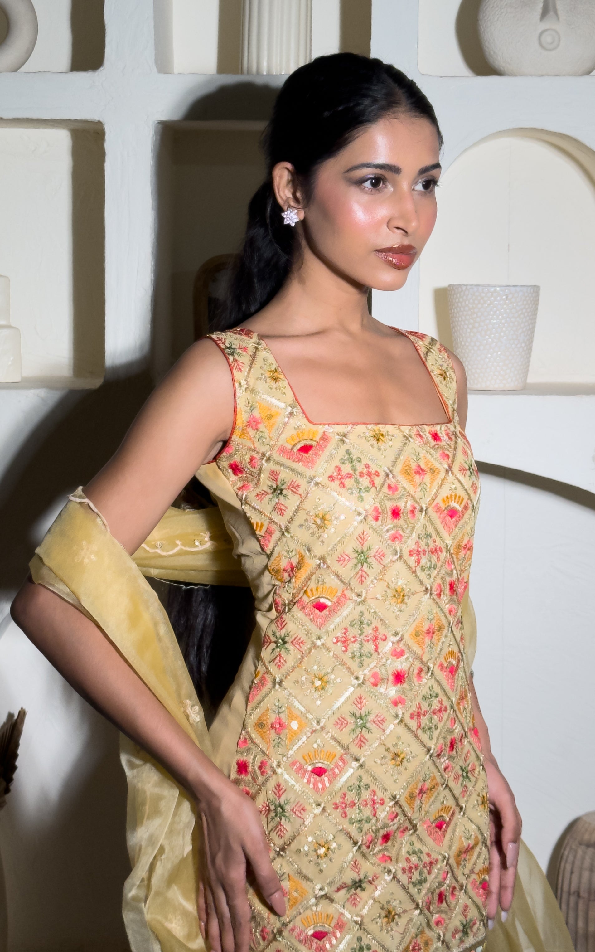 Beige Emroidered Sharara Set