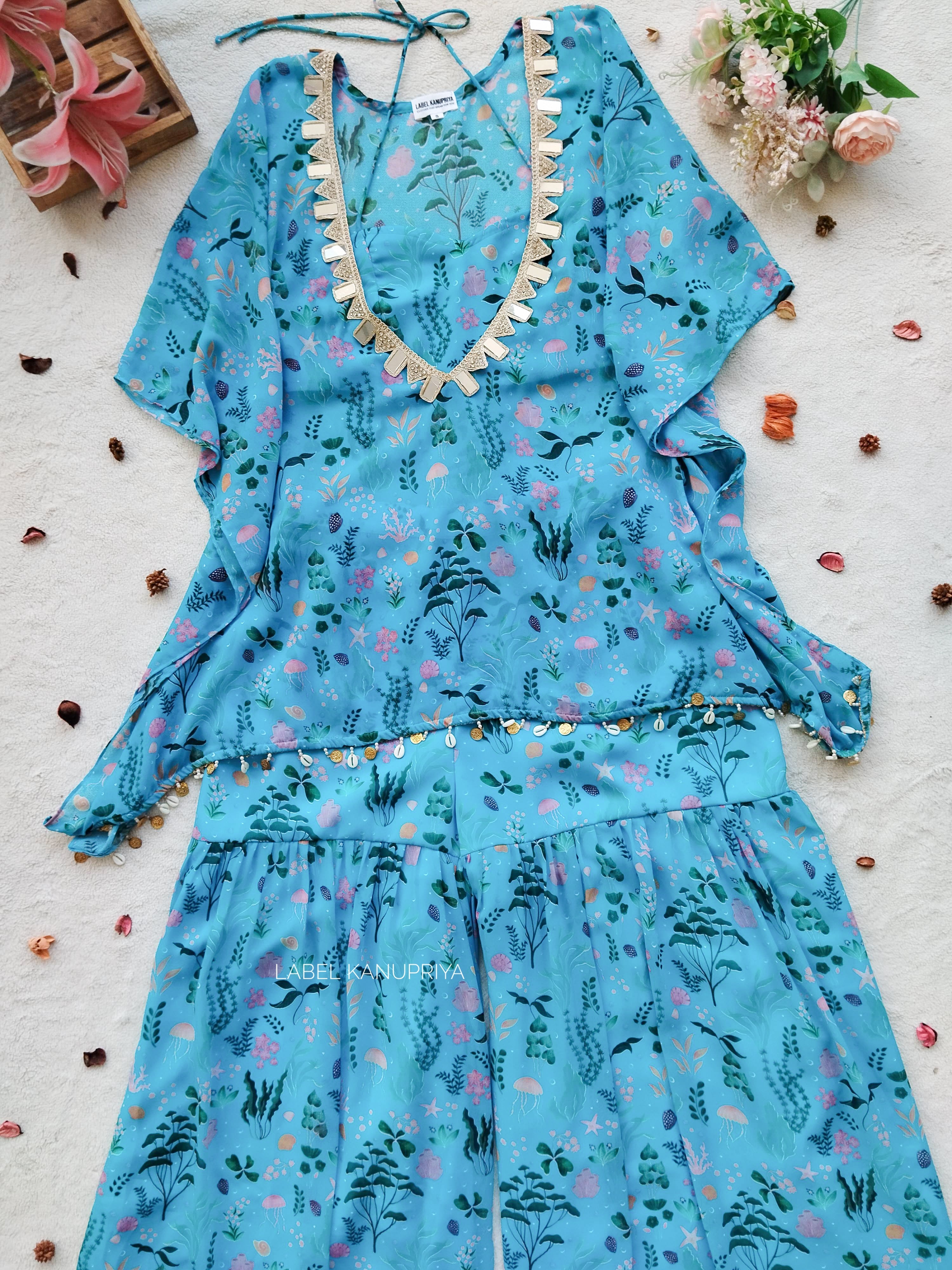 Turquoise Aquatic Kaftan Crop Top Sharara Set