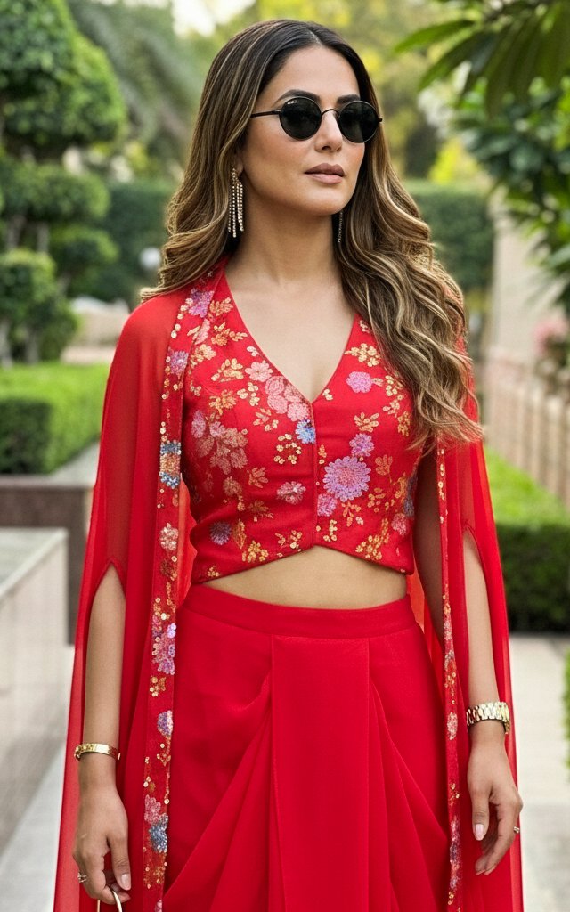 Red Sequinwork Waistcoat And Draped Skirt Co-ord set