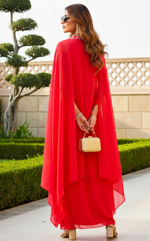 Red Sequinwork Waistcoat And Draped Skirt Co-ord set