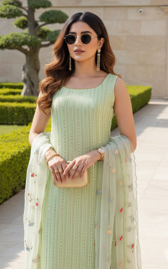 Swati Rathi Tea Green Sequins Kurta Set with Embroidered Organza Dupatta