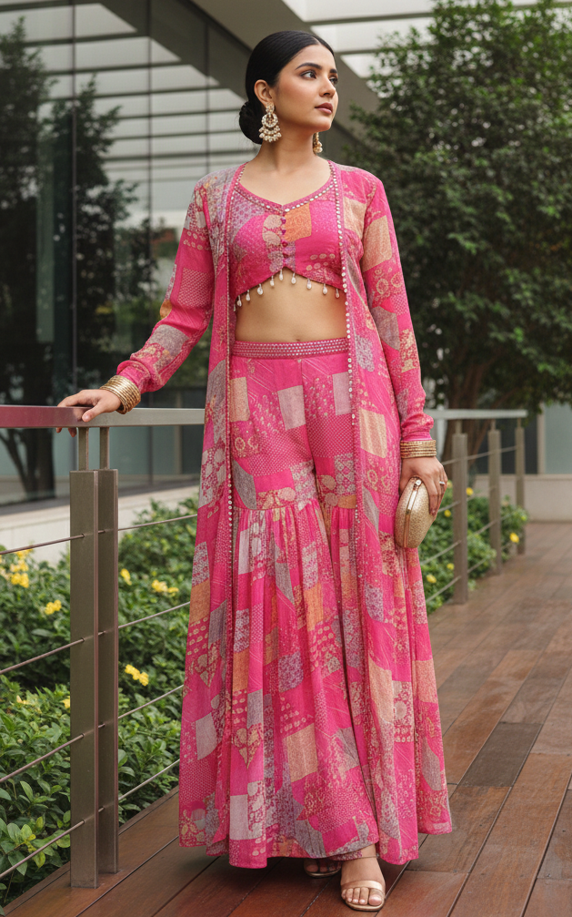 Hot Pink Mirrorwork Georgette Crop Top Sharara Co-Ord Set