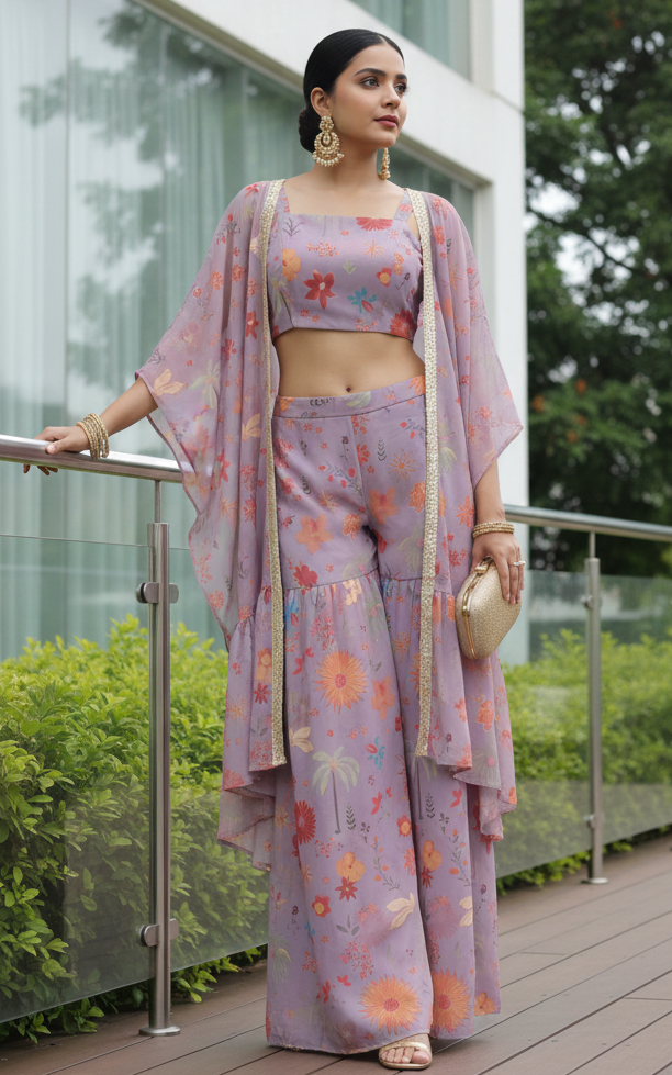 Lavender Tropical Print Crop Top Sharara & Jacket Set