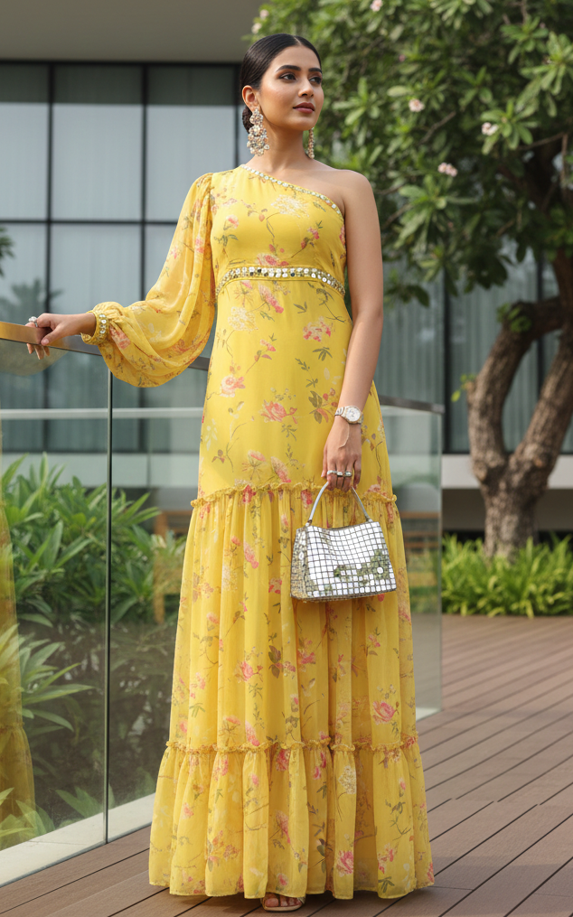 Sapna One Shoulder Mustard Printed Georgette Mirrorwork Dress