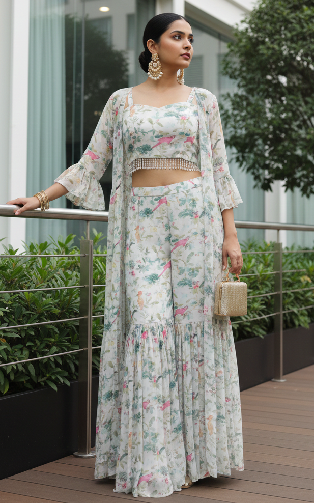 Off-White Bird Georgette Crop-Top & Sharara Set