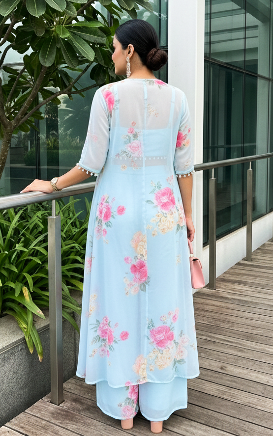 Sky Blue Floral Crop Top & Pant Co-ord Set