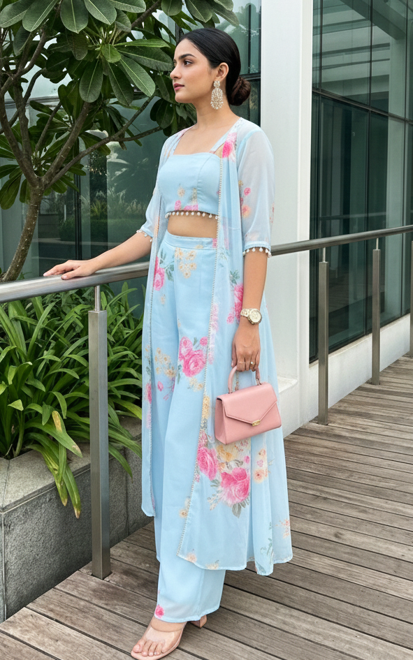 Sky Blue Floral Crop Top & Pant Co-ord Set