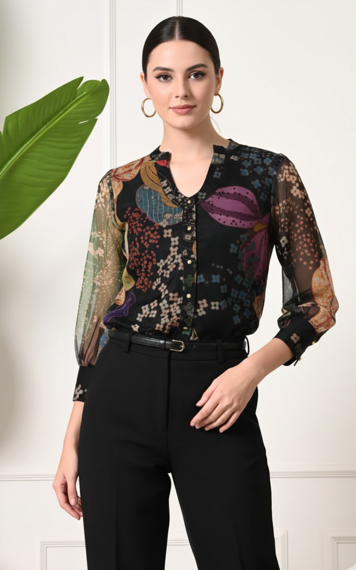 Black Floral Printed Organza Shirt Top