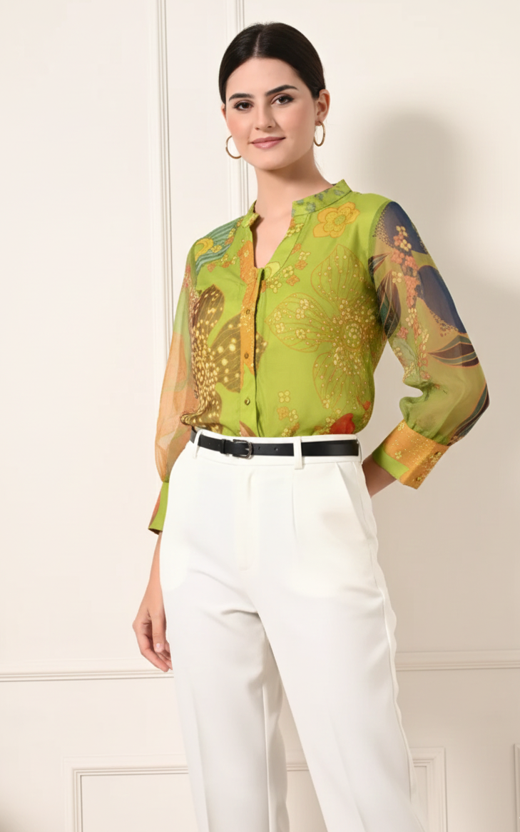 Parrot Green Floral Organza Shirt Top