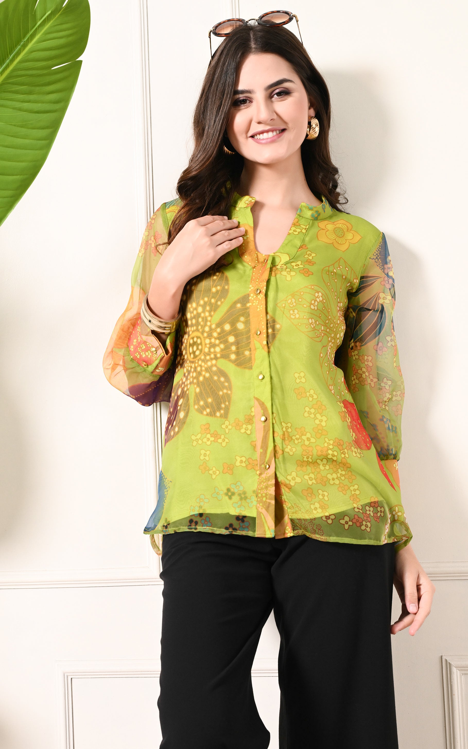 Parrot Green Floral Organza Shirt Top