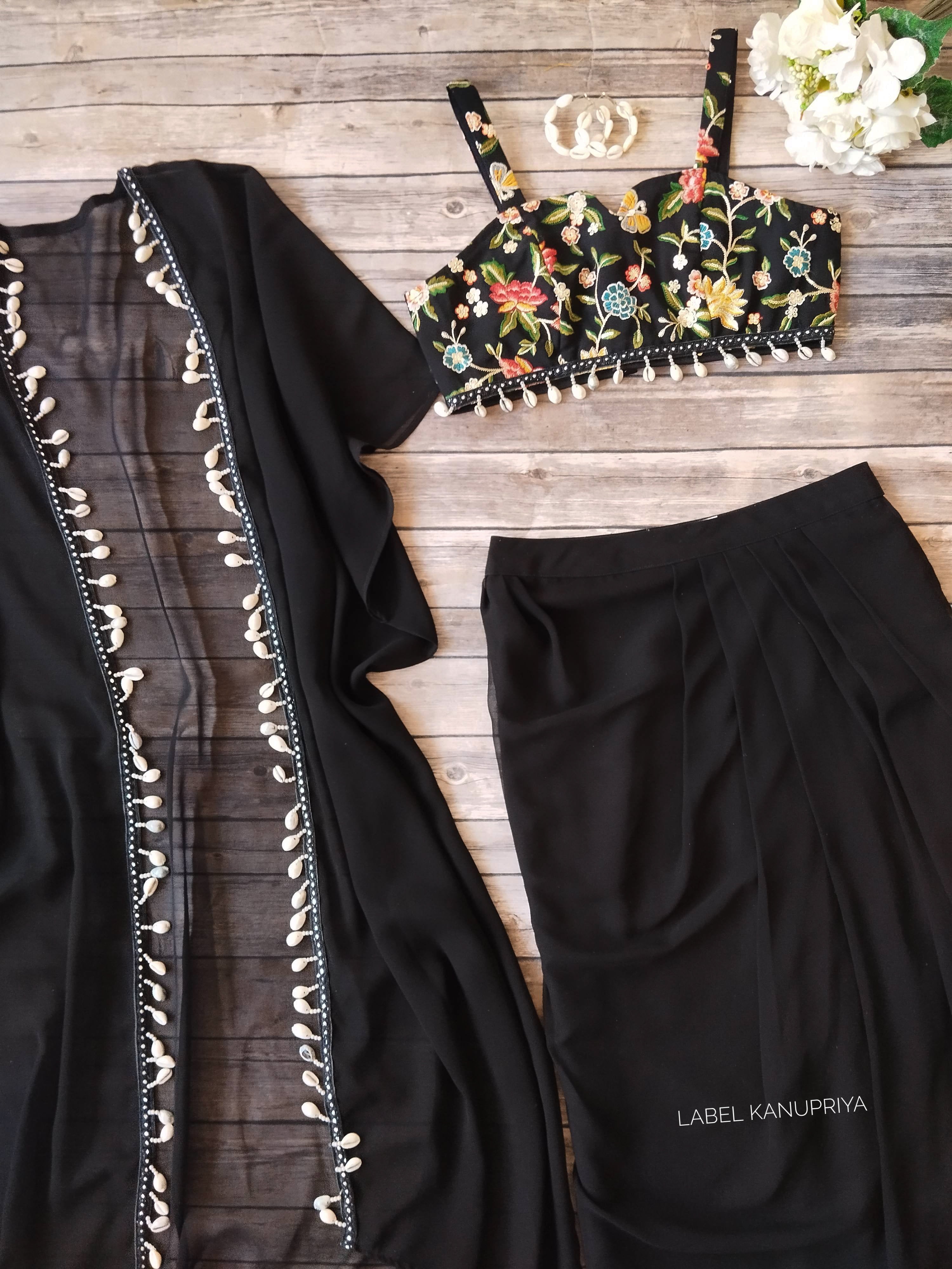 Black Embroidered Crop top Draped Skirt Jacket Co-ord Set