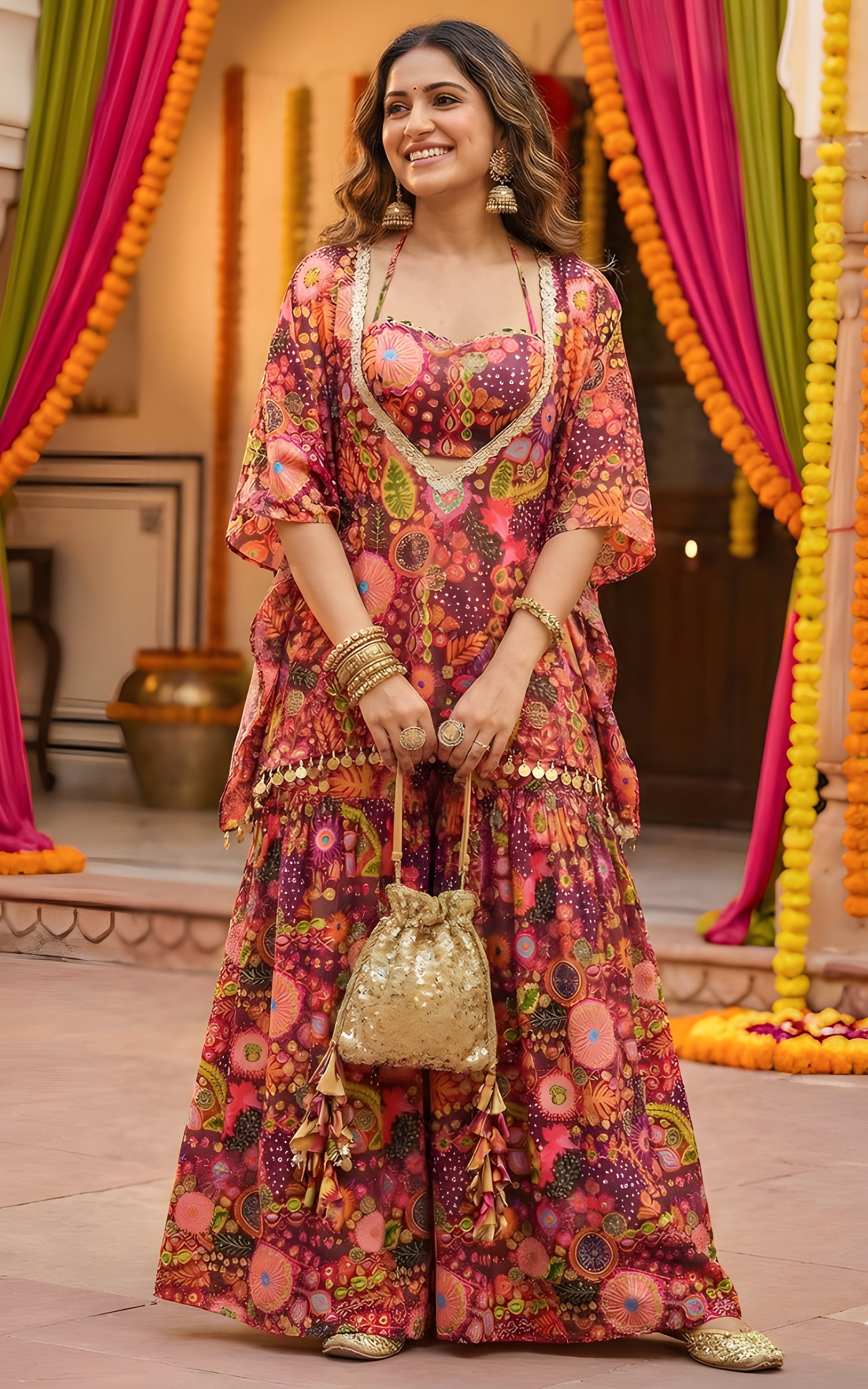 Purple Kitschy Print Crop Top and Sharara Set