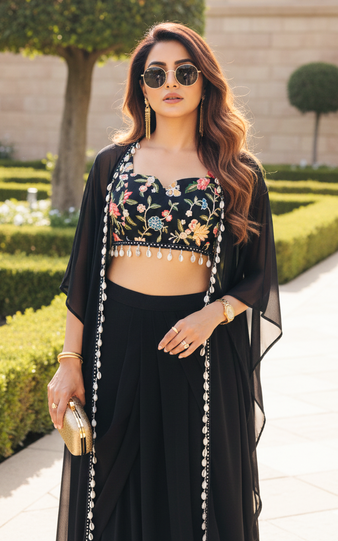 Black Embroidered Crop top Draped Skirt Jacket Co-ord Set