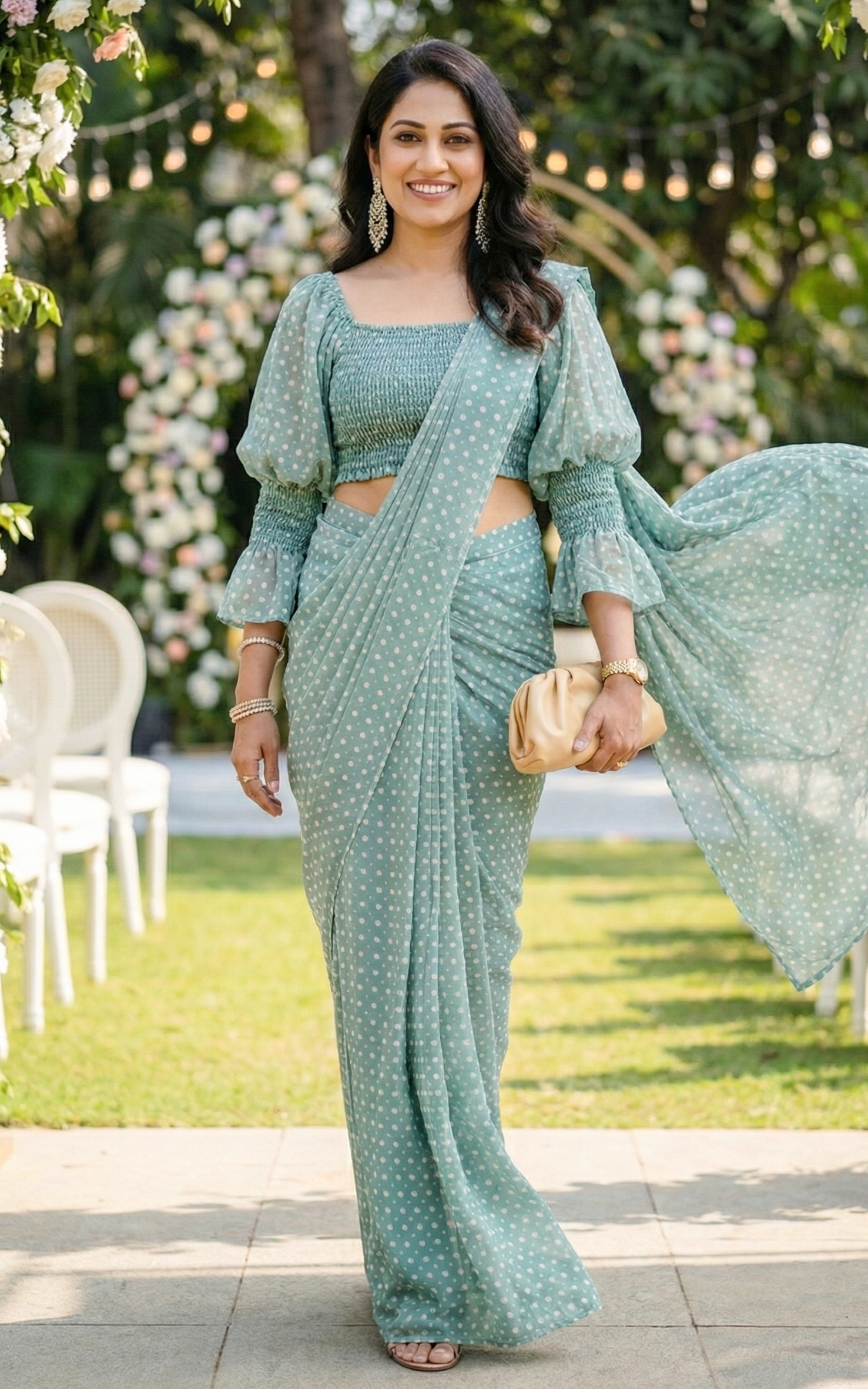Sage Green Pre-Stitched Saree With Smocked Crop-Top