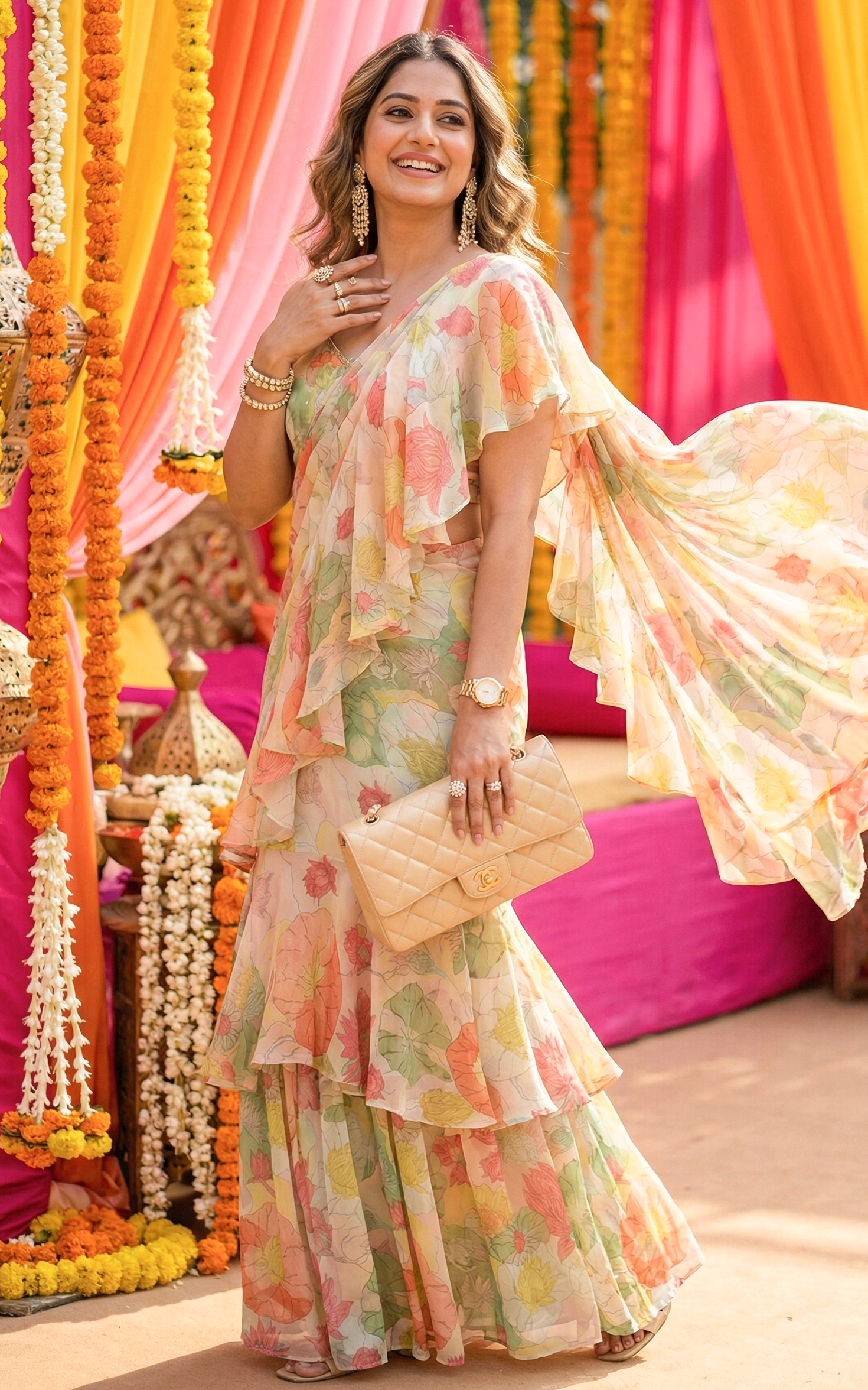 Lotus Print Multicolor Ruffle Saree Dress