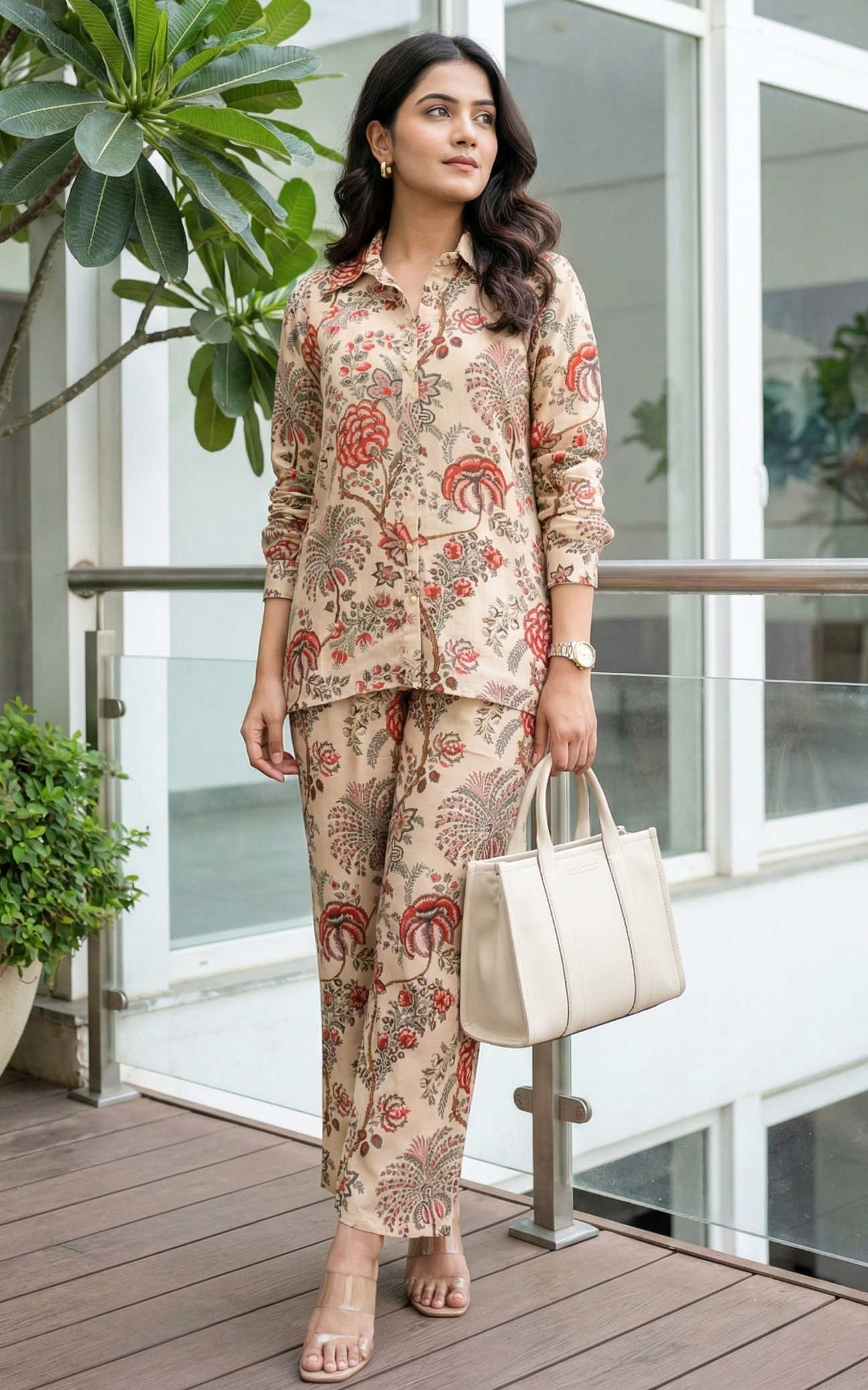 Beige Red Floral Printed Georgette Co-ord Set