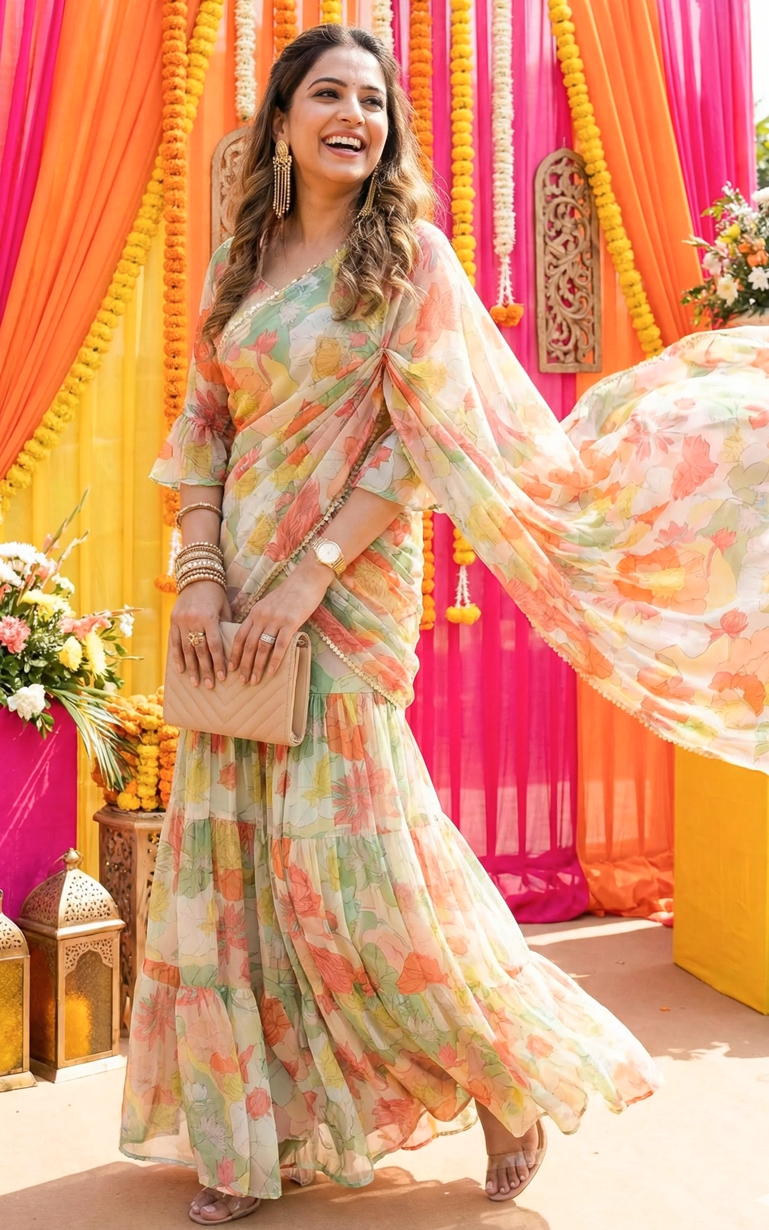 Multi Color Lotus Print Georgette Sharara Saree Set