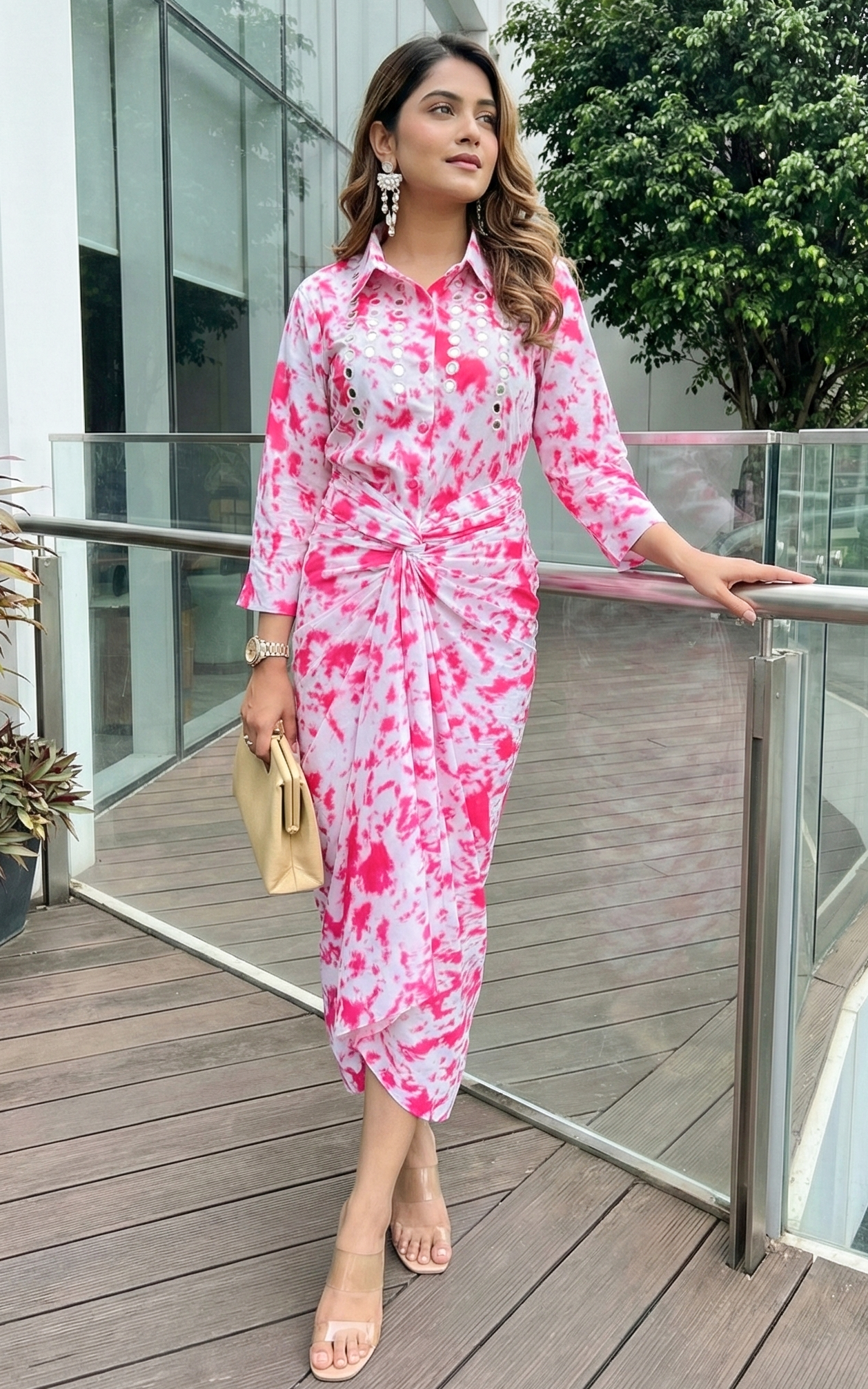 Pink Shibori Mirrorwork Top & Draped Skirt Co-ord Set