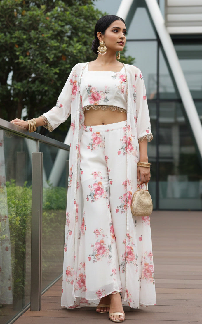 Off White Floral Crop-top & Pants Co-ord Set