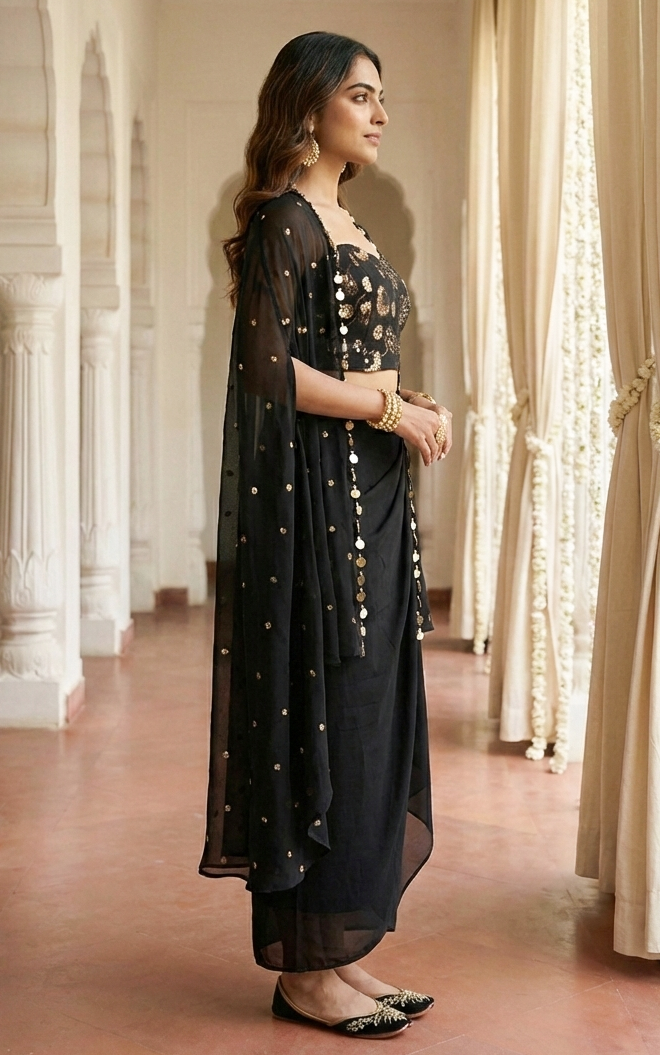 Black and Gold Sequinwork Corset and Drape Skirt Co-ord Set