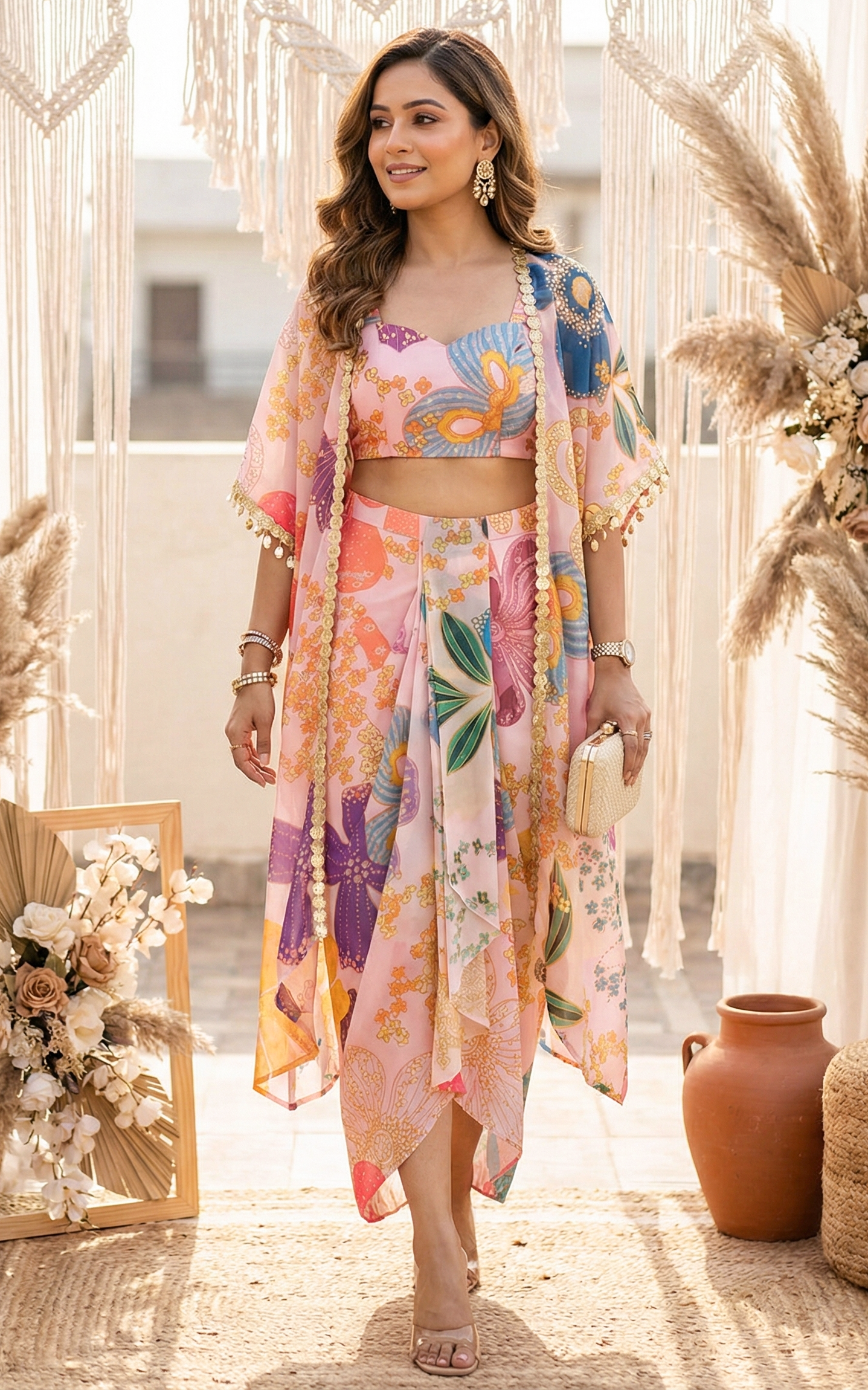 Vintage Floral Crop Top Draped Skirt Co-ord Set