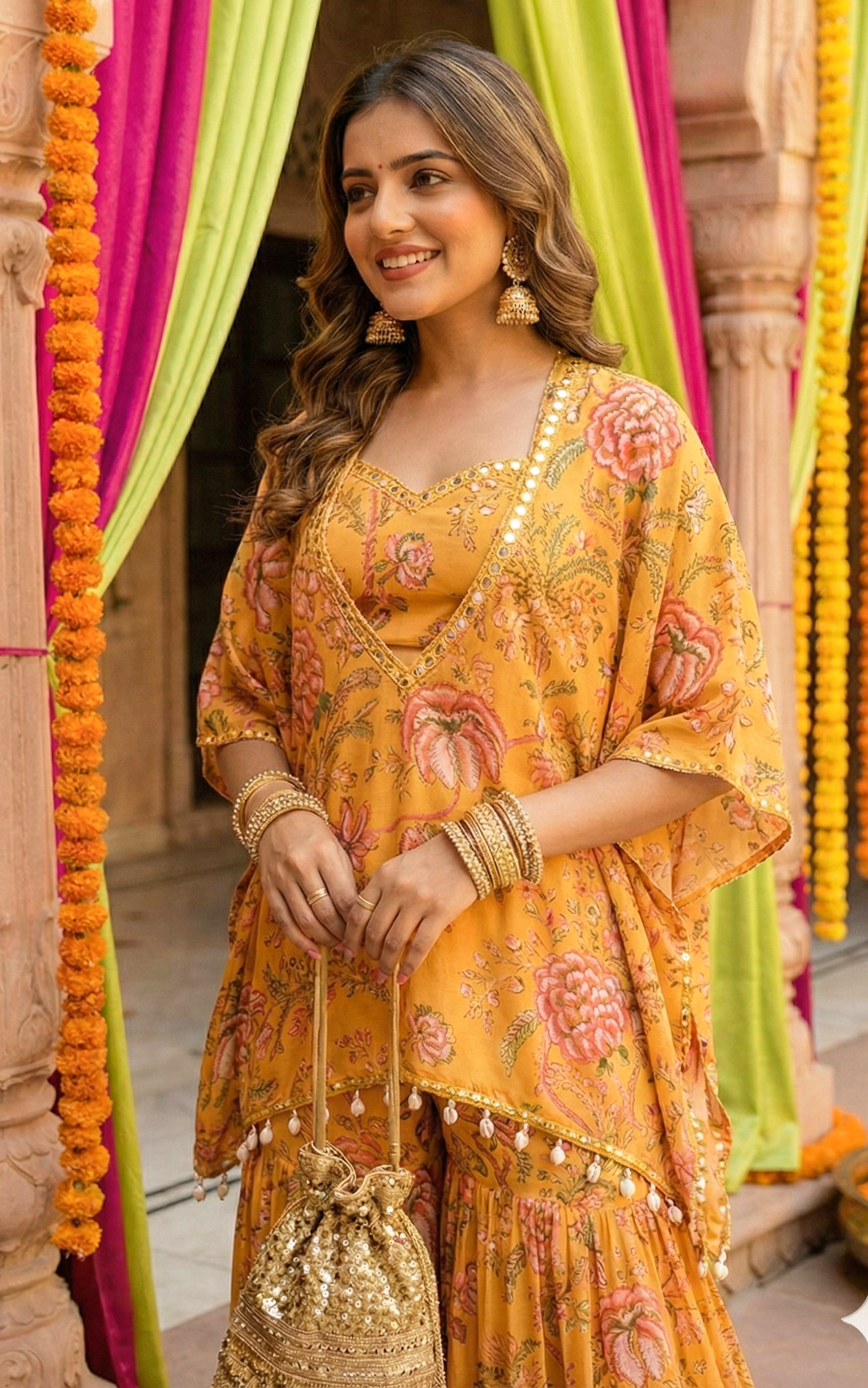 Mustard Printed Crop Top Sharara Kaftan Set