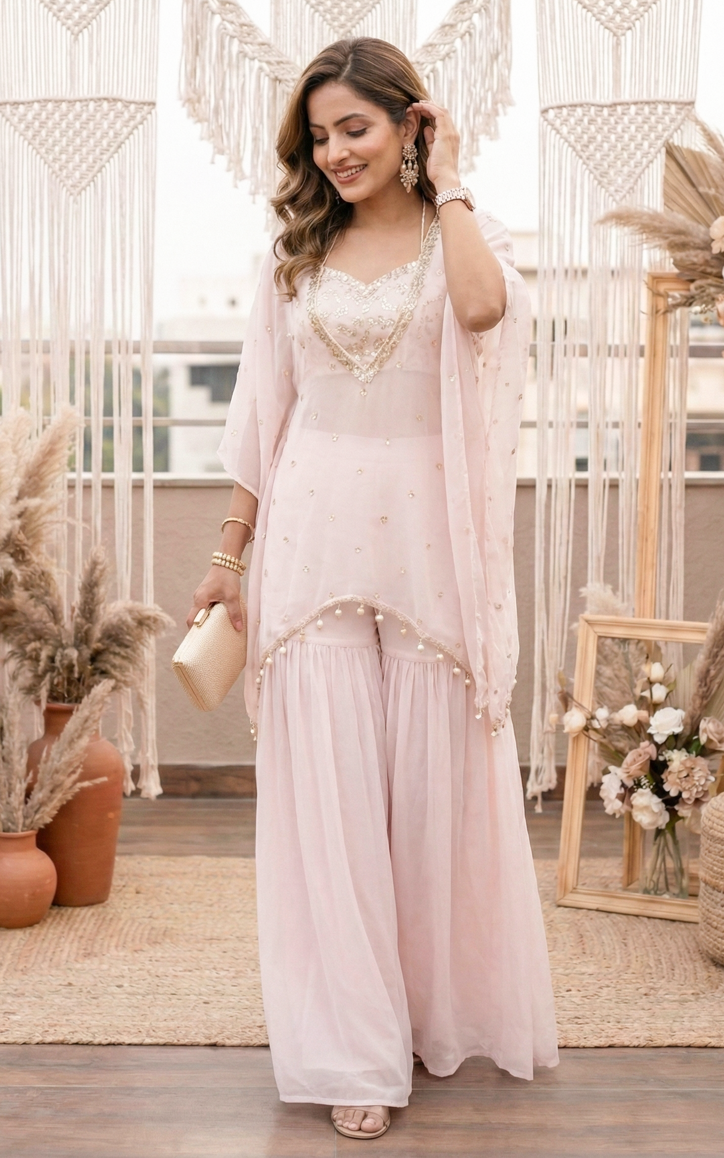 Light Pink Sequinwork Croptop Sharara Co-ord Set