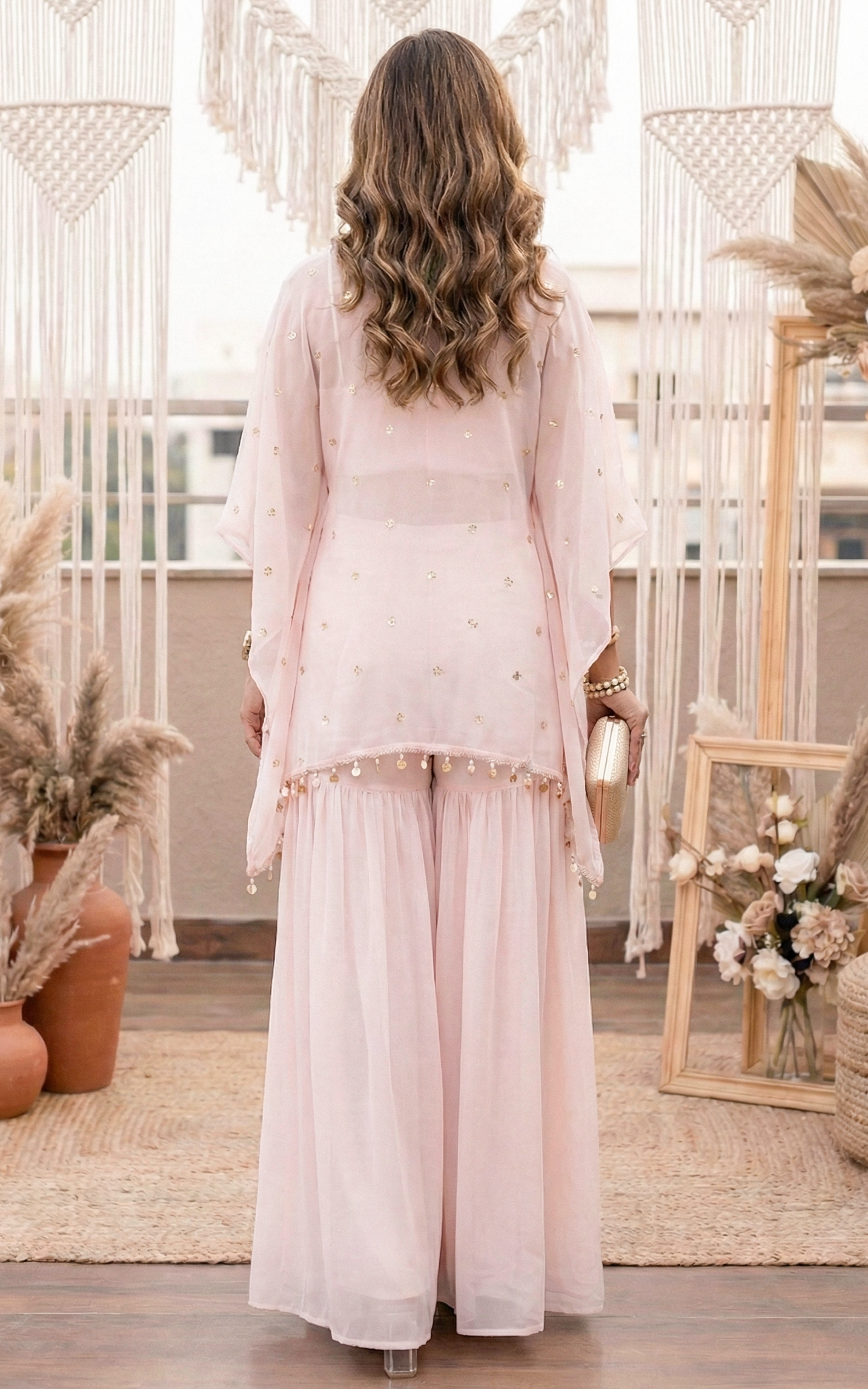 Light Pink Sequinwork Croptop Sharara Co-ord Set