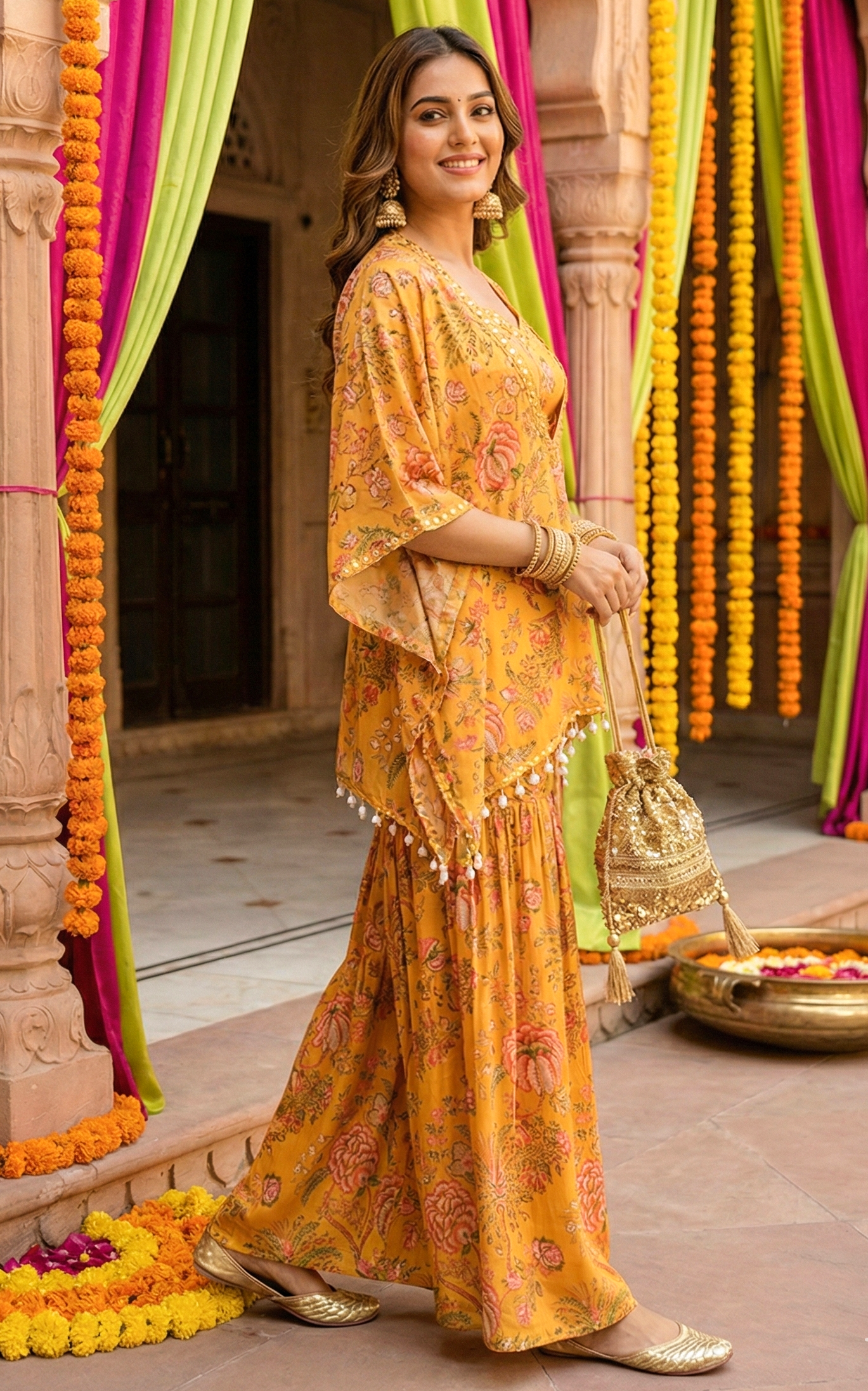 Mustard Printed Crop Top Sharara Kaftan Set