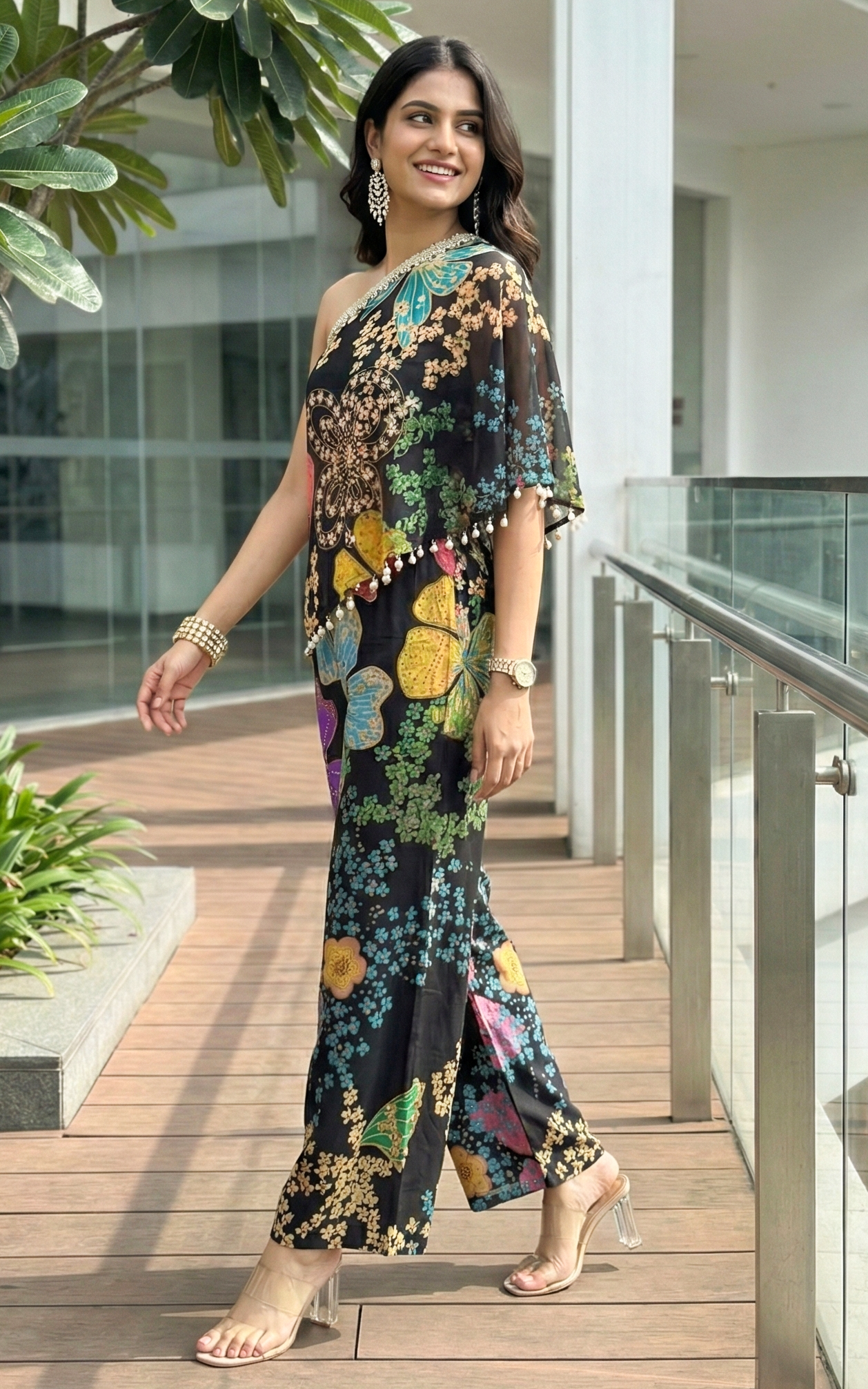 Black Floral One-Shoulder Co-ord Set