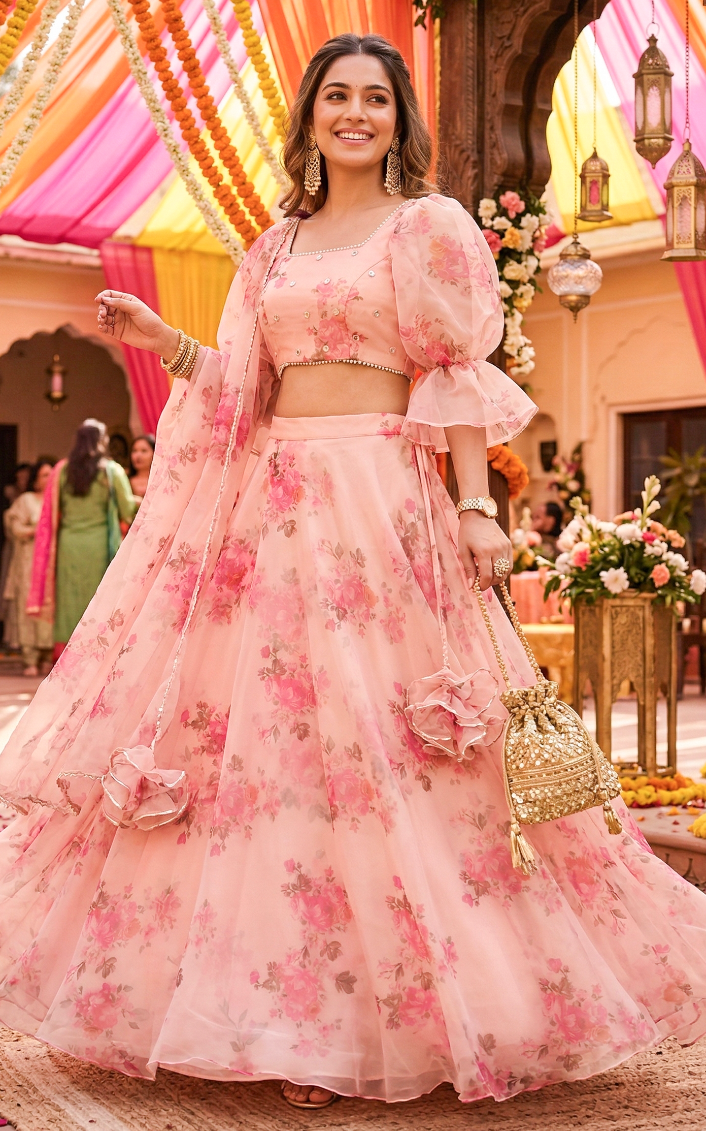 open lace back dress Peony Pink Floral Organza Lehenga