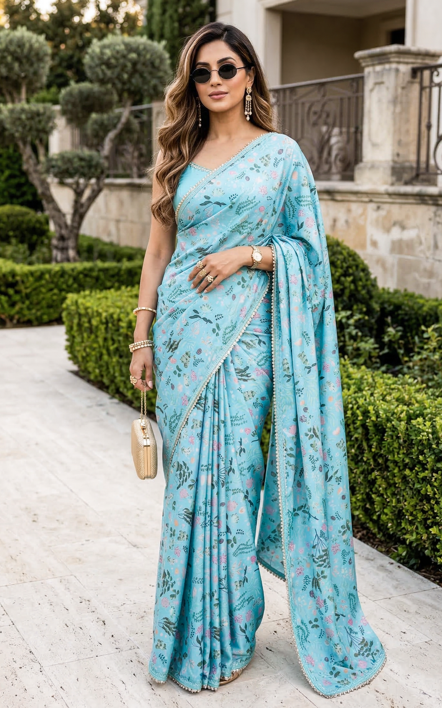 Turquoise Aquatic Print Satin Saree