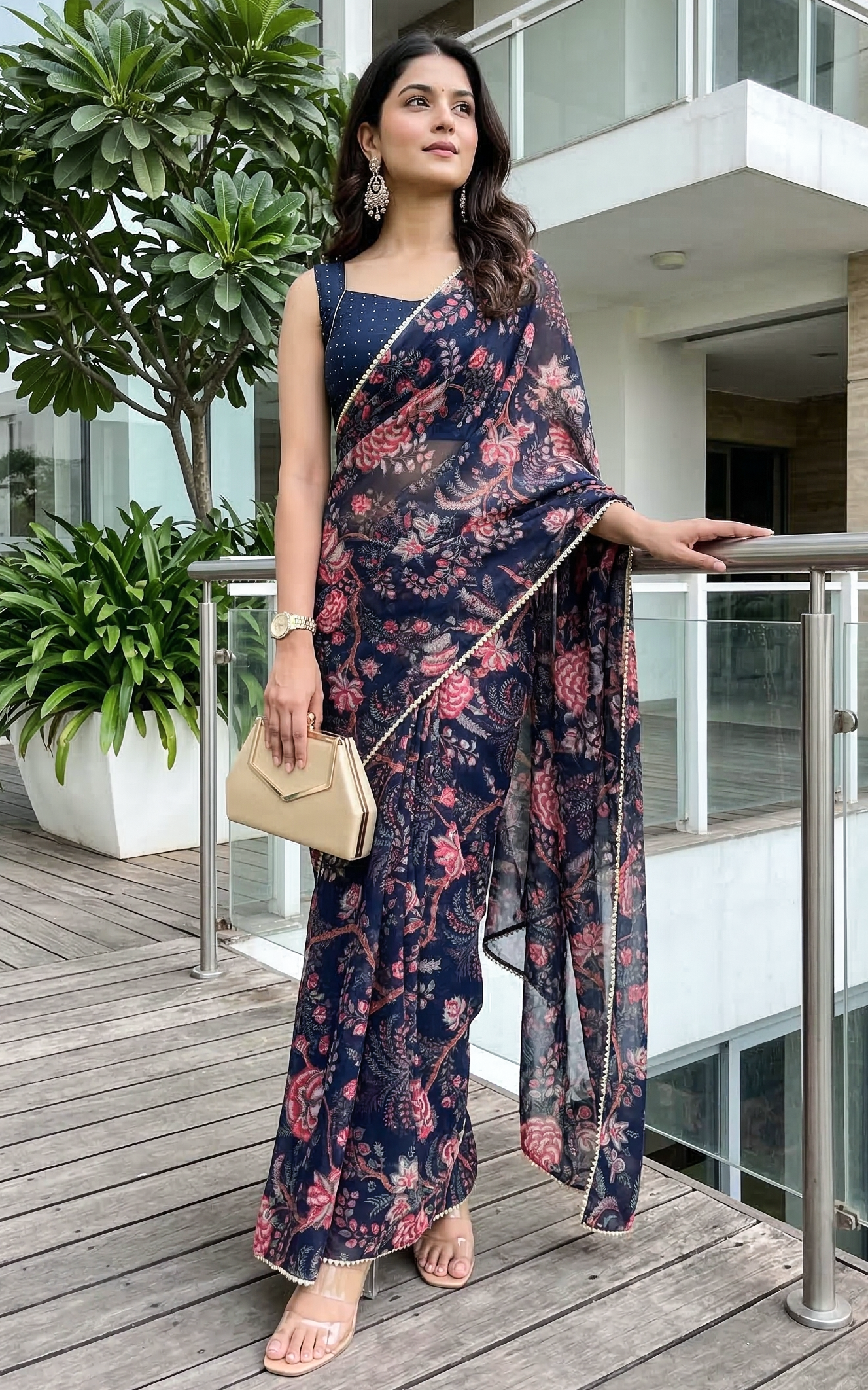 Navy Blue Floral Georgette Saree With Mukaish Blouse