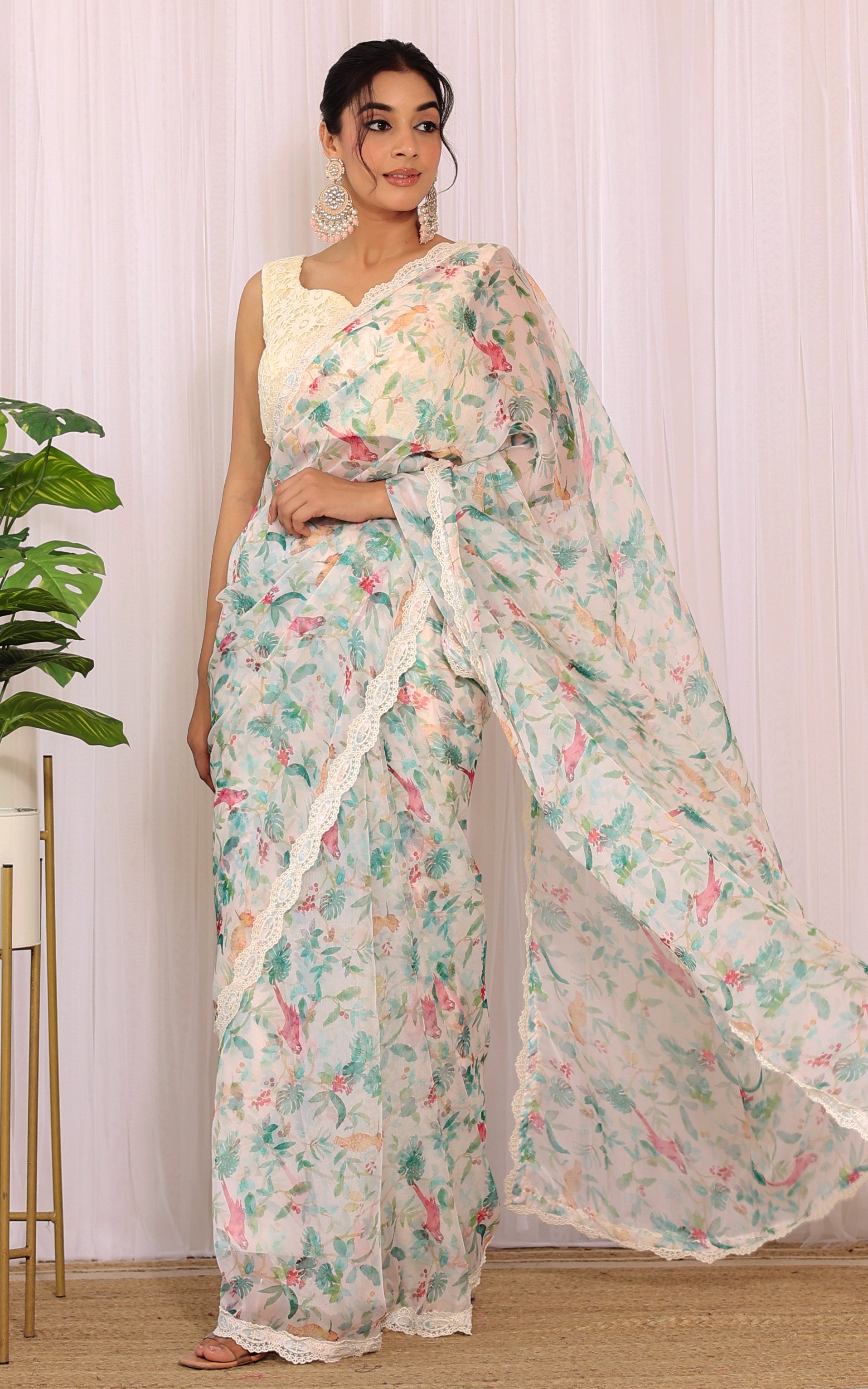 Off-white Bird Printed Georgette Saree