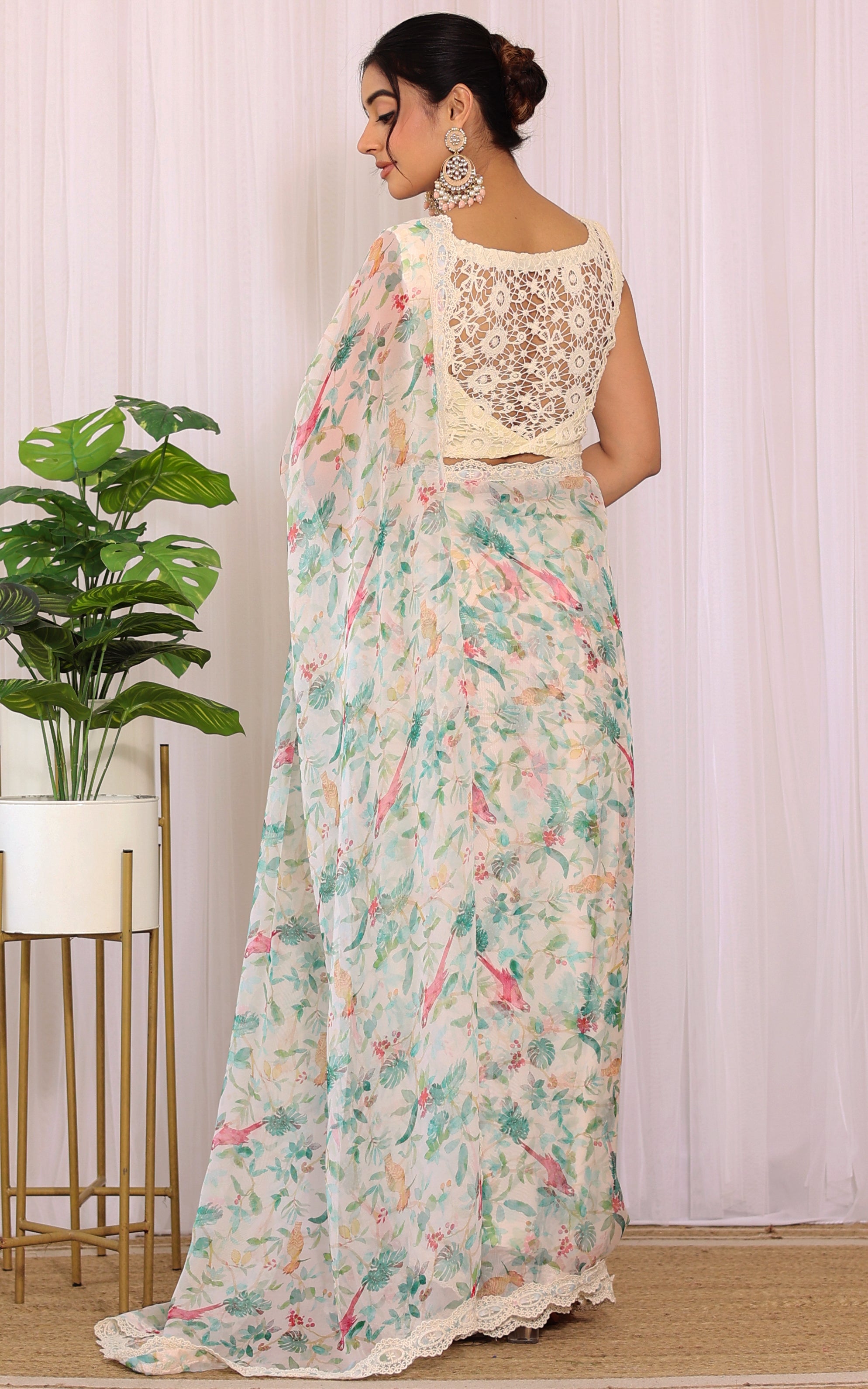 Off-white Bird Printed Georgette Saree