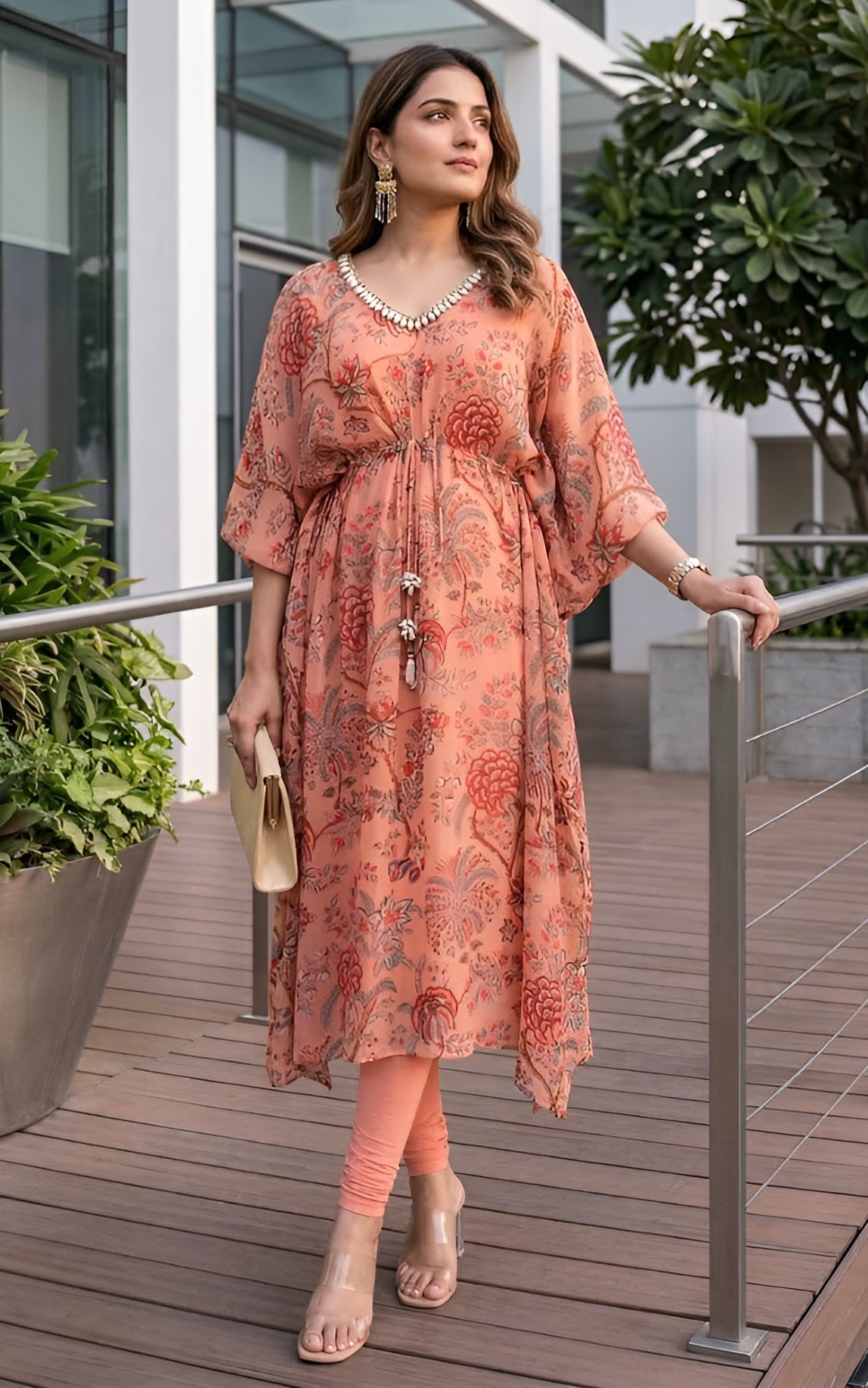Peach Red Floral Printed Georgette Kaftan Set