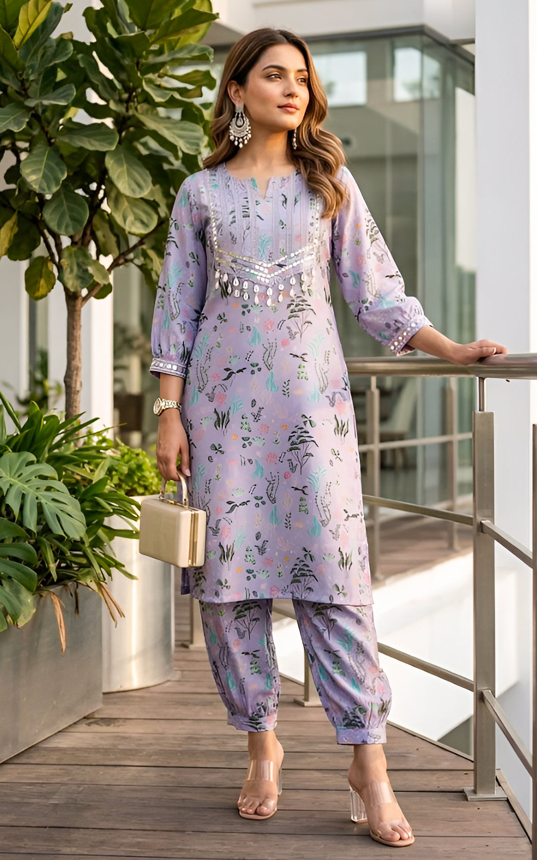 Purple Aquatic Print Kurta Pant Co-ord Set