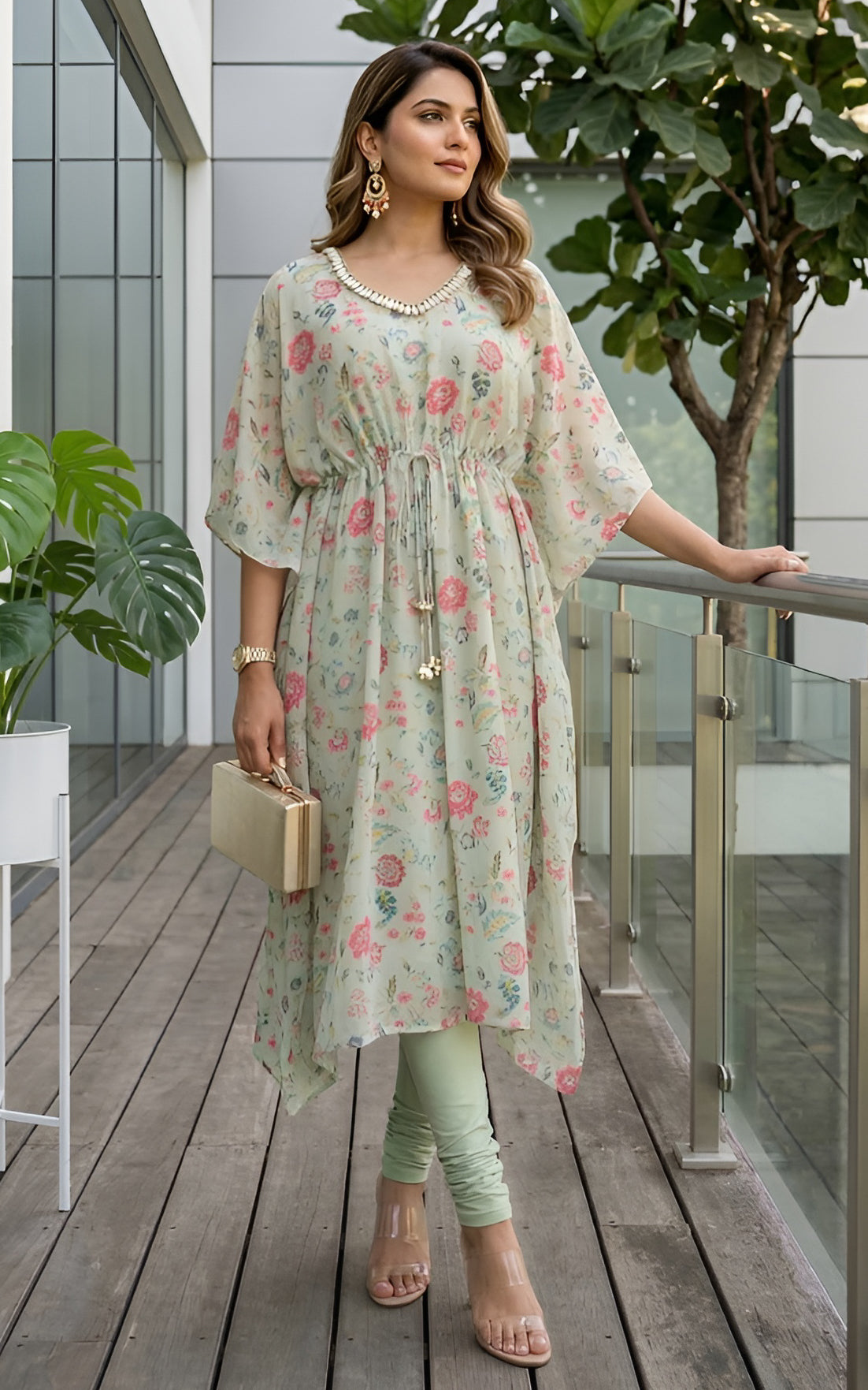 Sage Green Floral Printed Georgette Kaftan Set