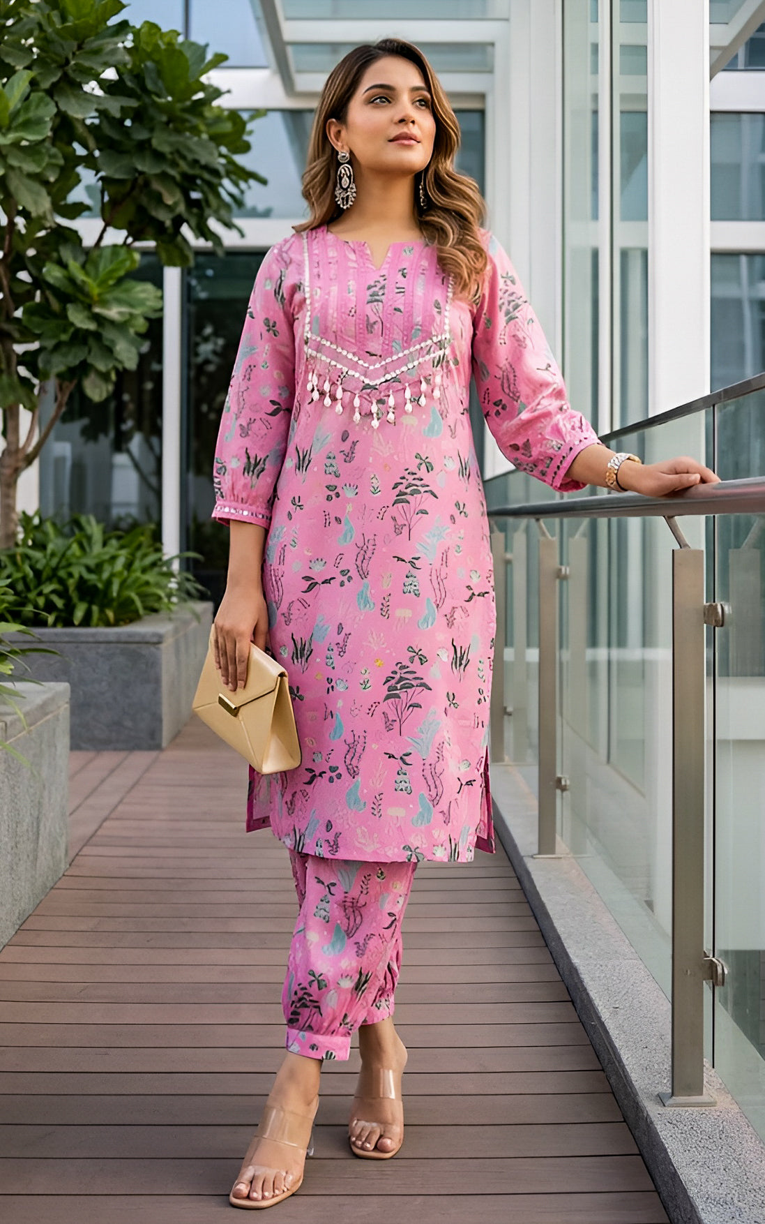 Baby Pink Aquatic Print Kurta Pant Co-ord Set