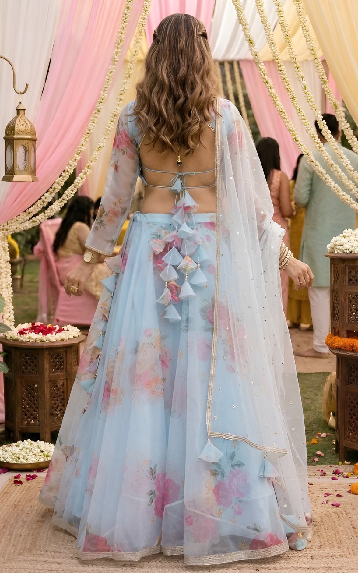 Sky Blue Floral Organza Lehenga