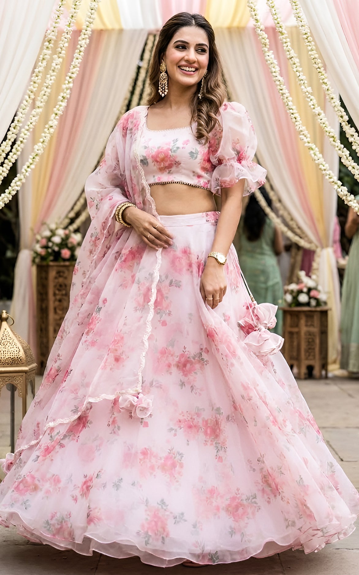 Off White Floral Organza Lehenga